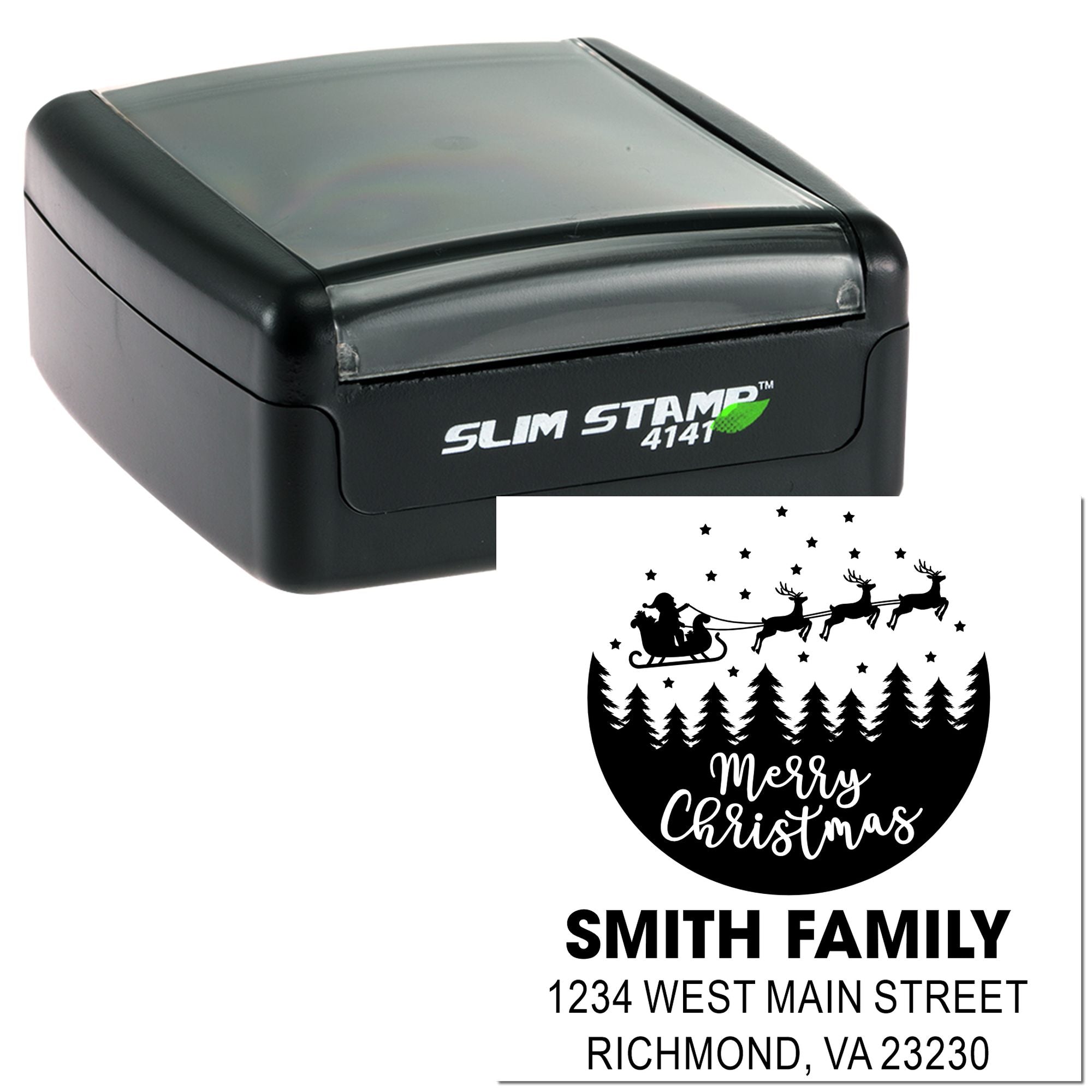 Custom self-inking Christmas return address rubber stamp with Santa sleigh design for holiday cards and mailings.