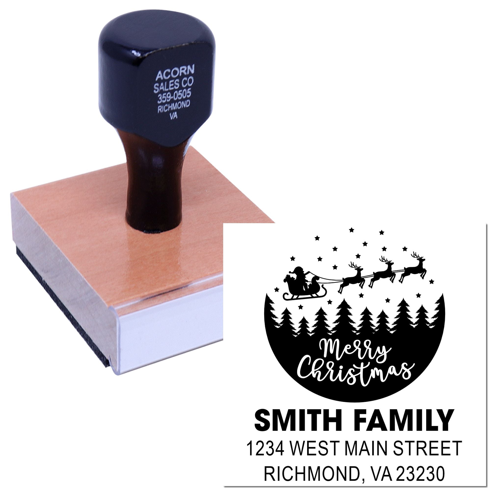 Custom Christmas address rubber stamp with Santa sleigh design and Smith family name for holiday cards and envelopes.