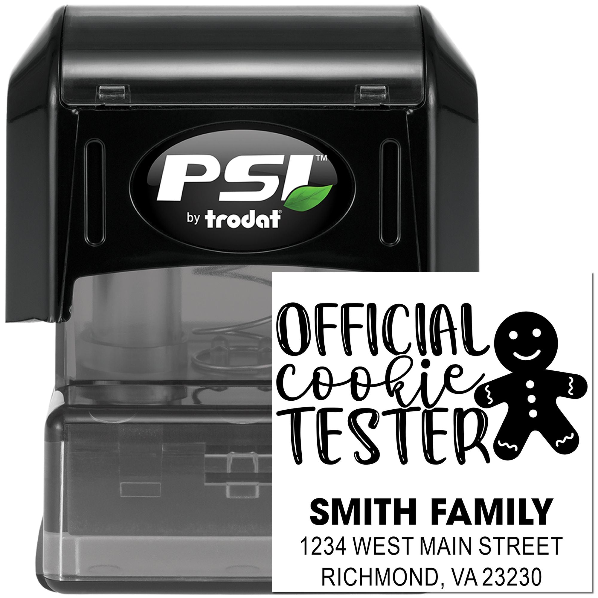 PSI by Trodat self-inking rubber stamp showing a custom Official Cookie Tester family address imprint sample.