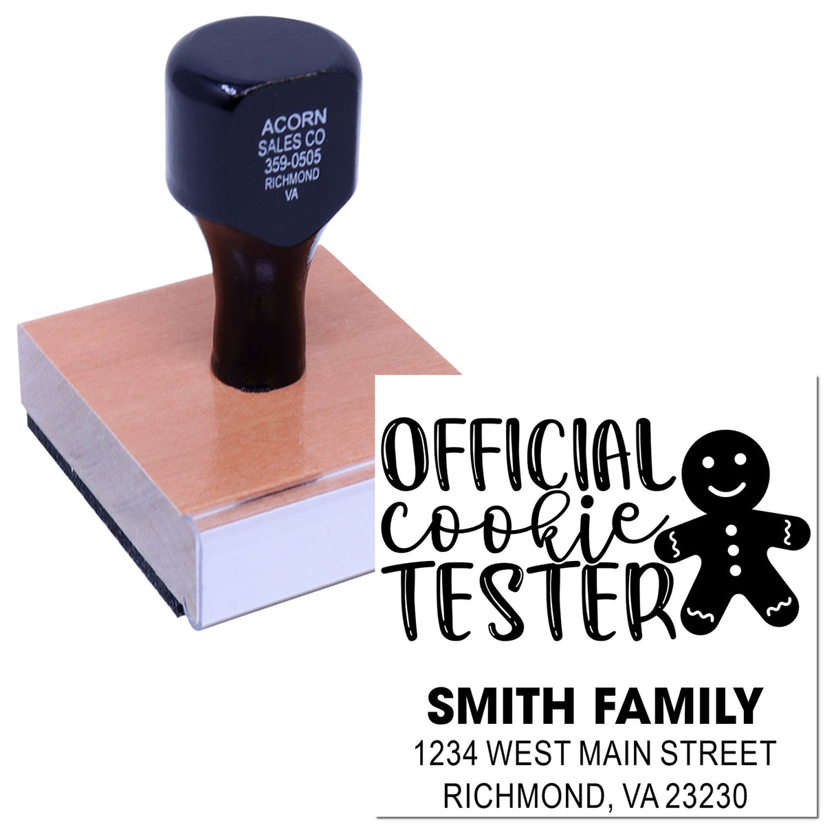 Custom self-inking rubber stamp for Official Cookie Tester with personalized Smith Family address imprint.