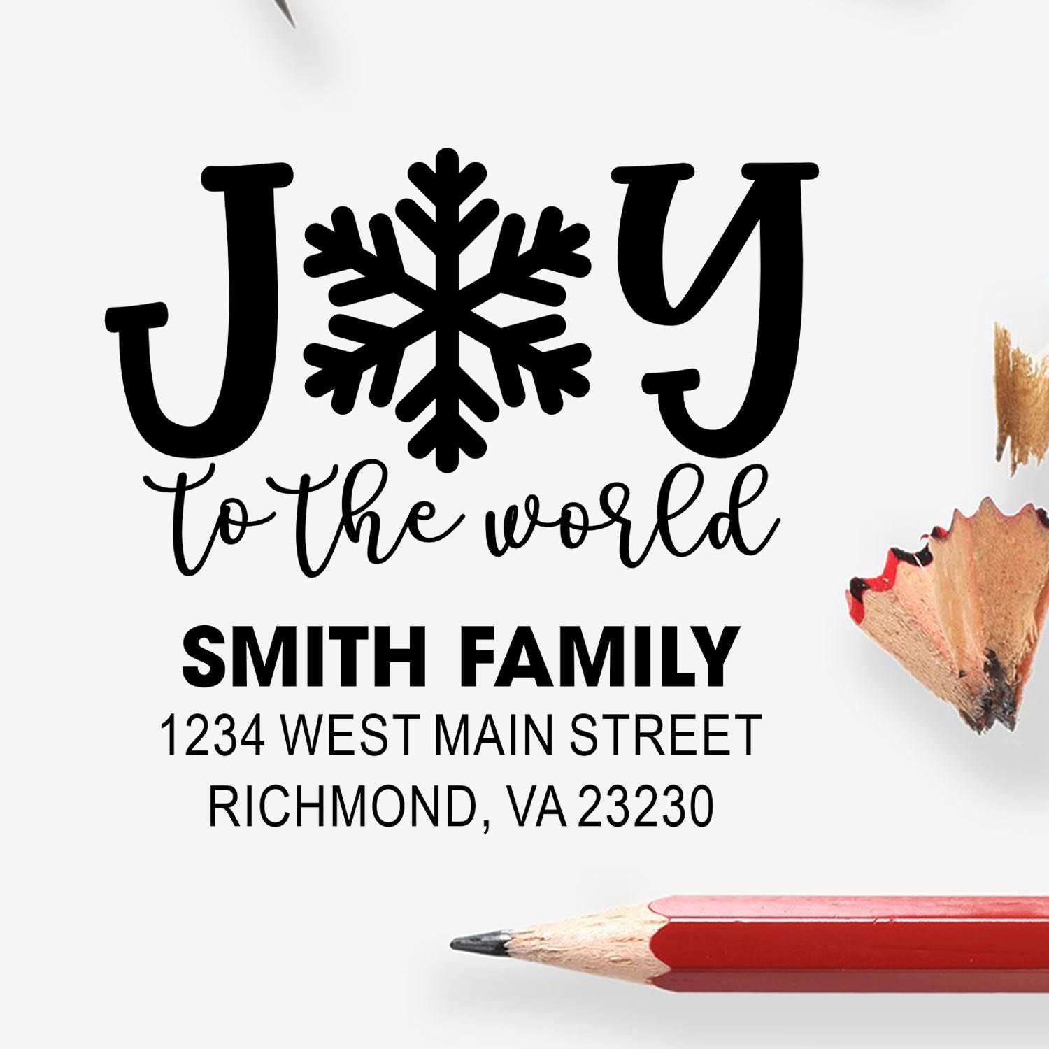 Custom Christmas address rubber stamp with Joy to the world design, snowflake, Smith Family, and Richmond, VA return address.