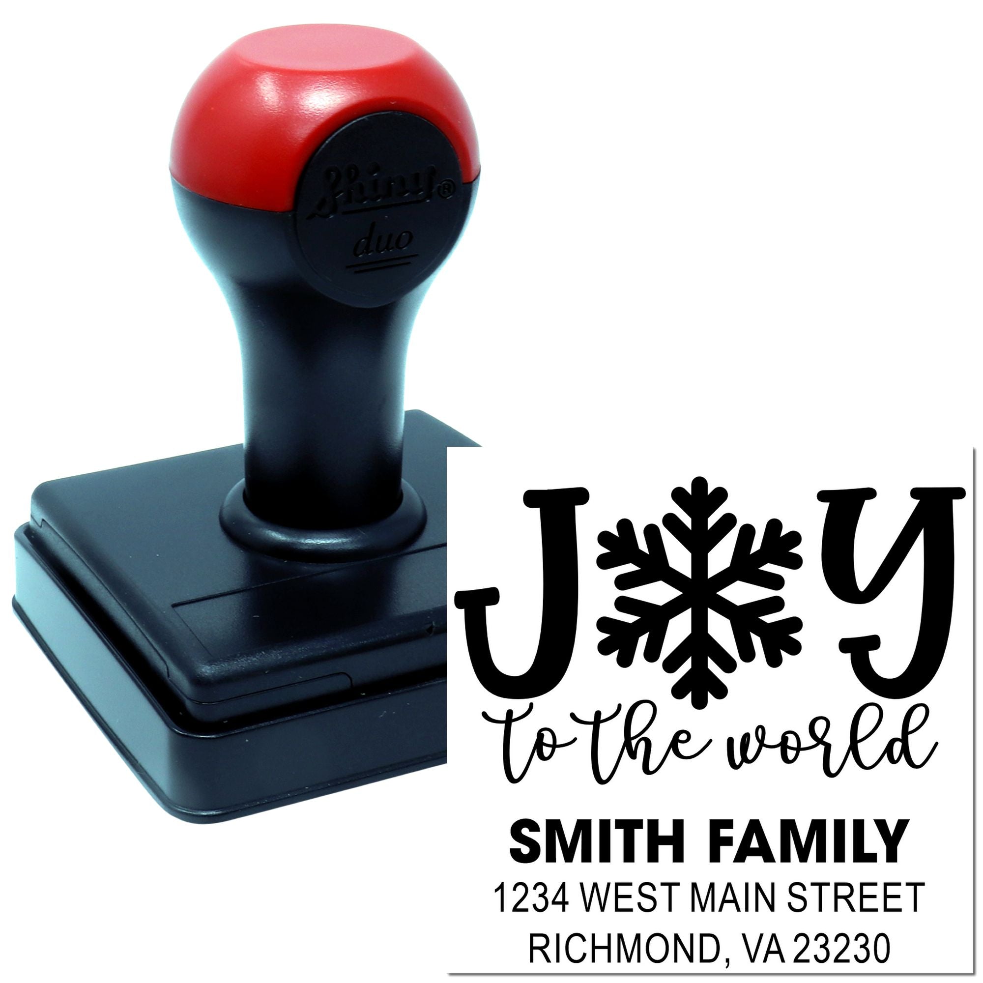 Custom self-inking holiday address rubber stamp with Joy to the World design for Smith Family, Richmond, VA.
