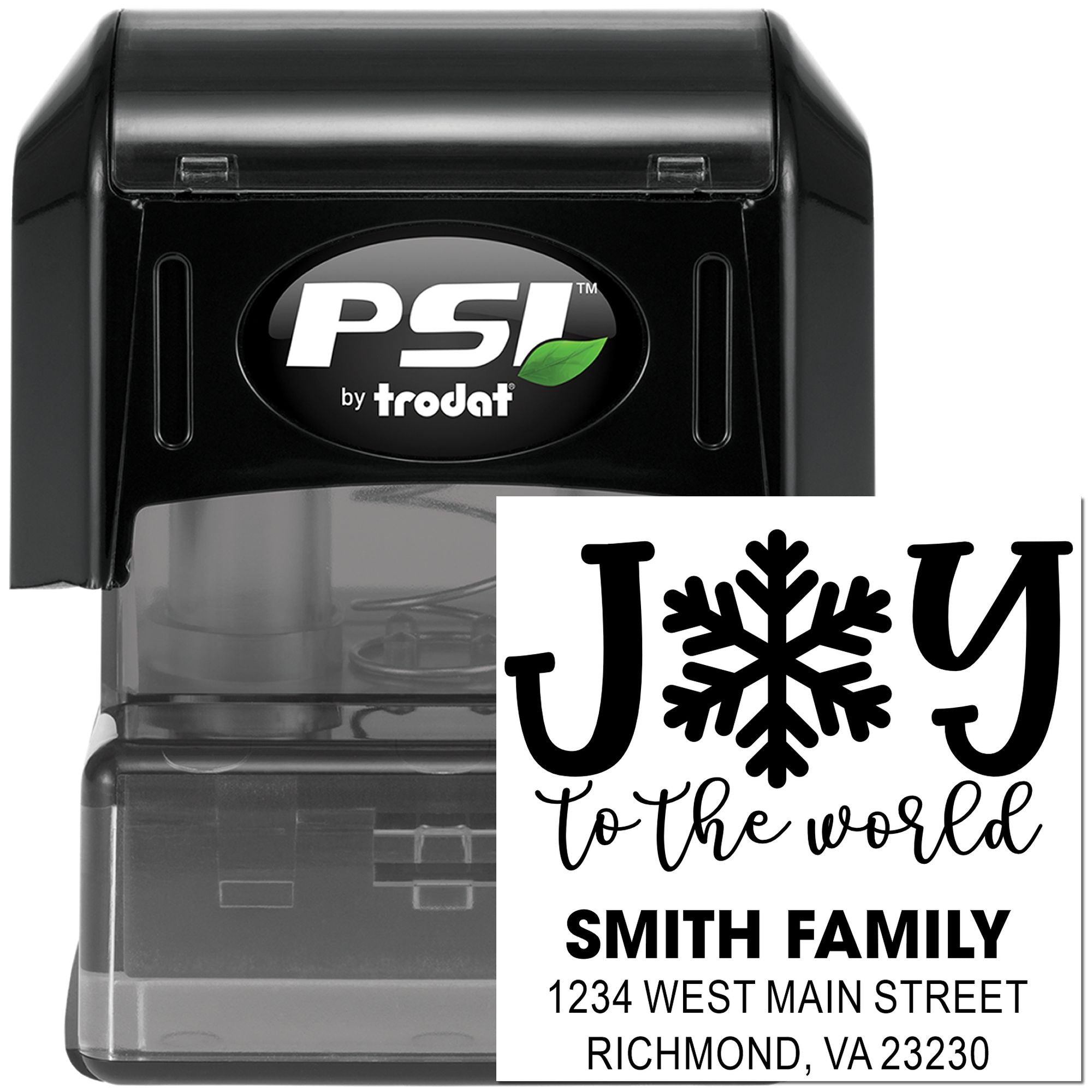Custom self-inking rubber stamp by PSI Trodat with holiday monogram design and Smith Family return address imprint.