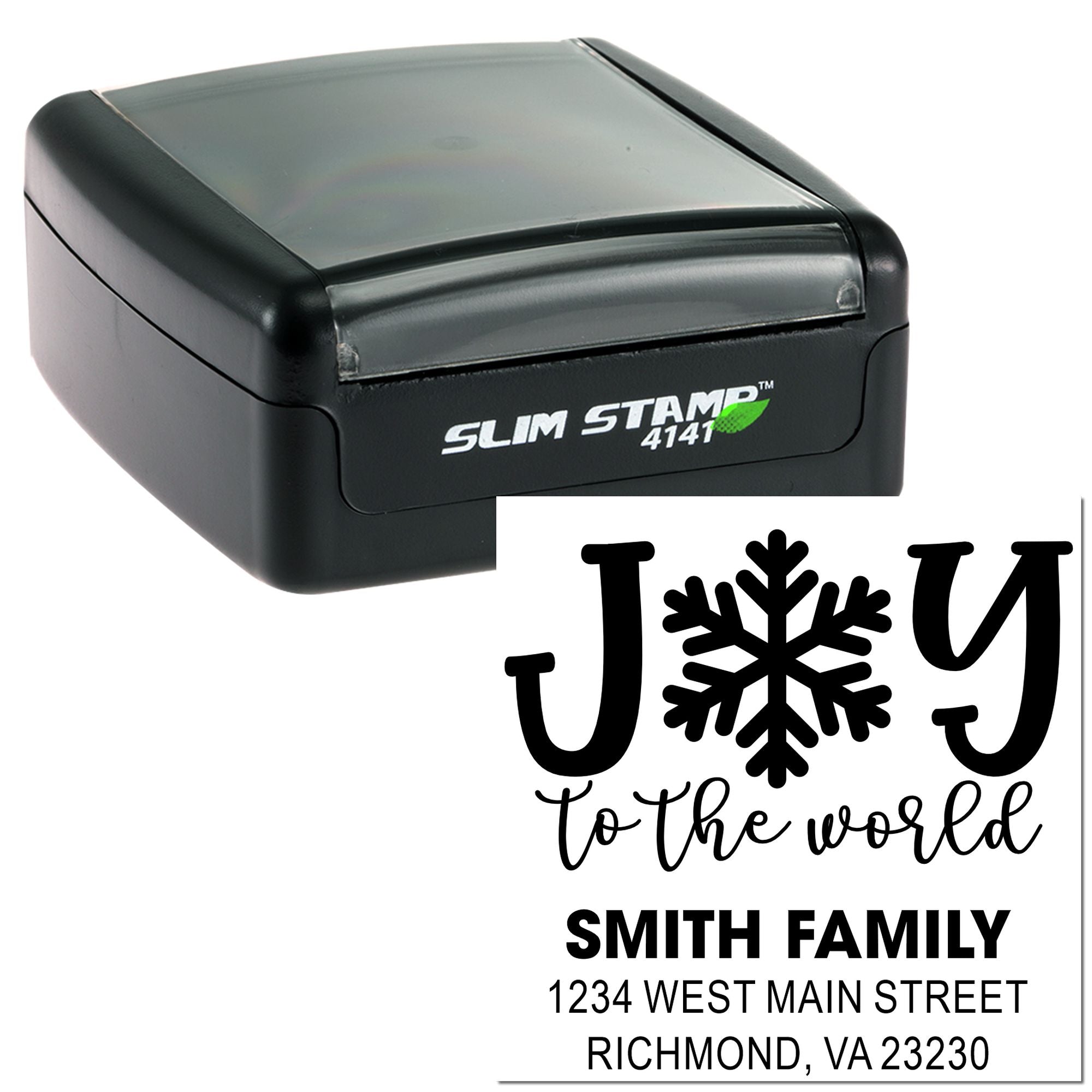 Custom self-inking rubber address stamp with Joy to the world snowflake design for festive holiday cards and mailers.
