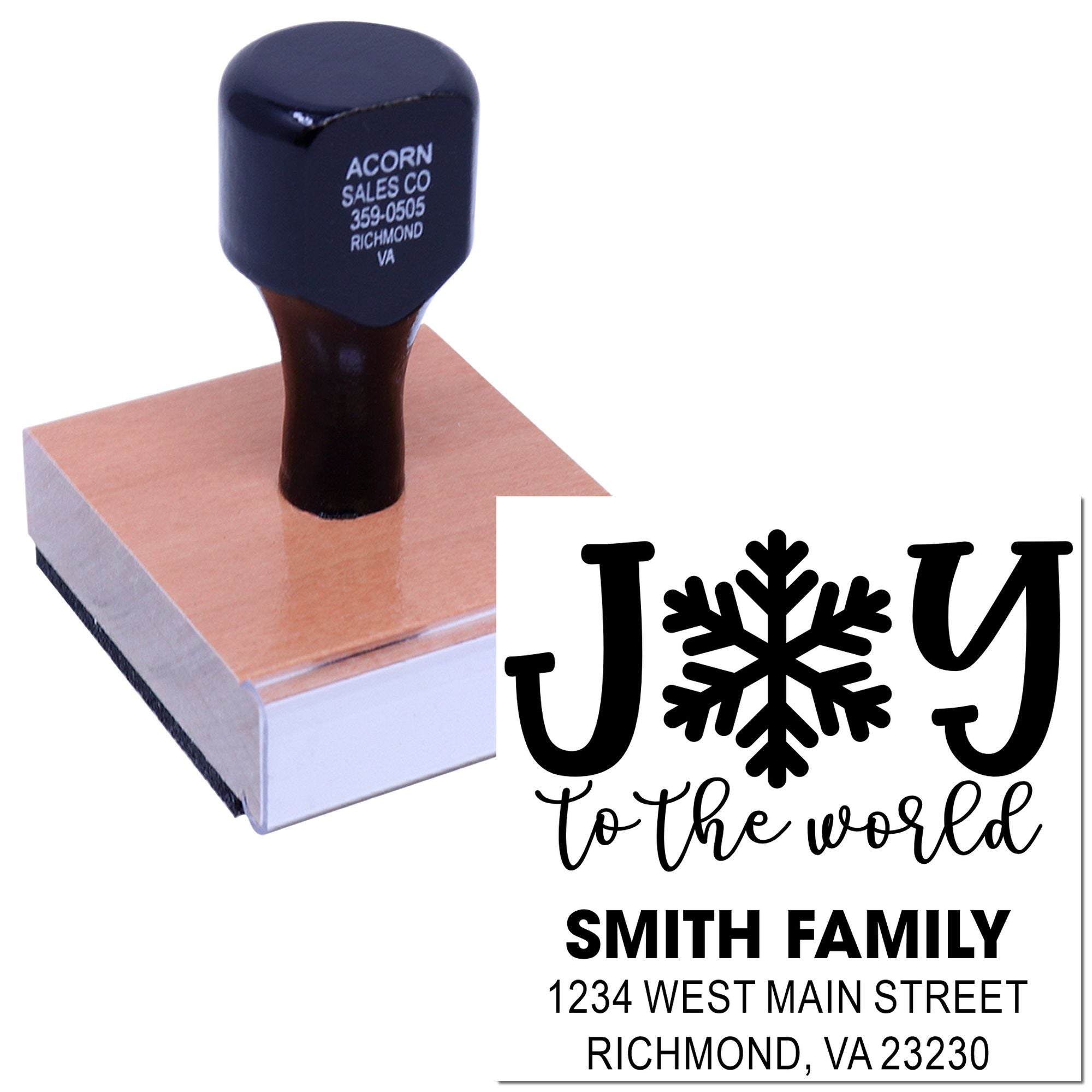 Custom holiday return address rubber stamp with J to the world snowflake design for Smith Family, Richmond VA.