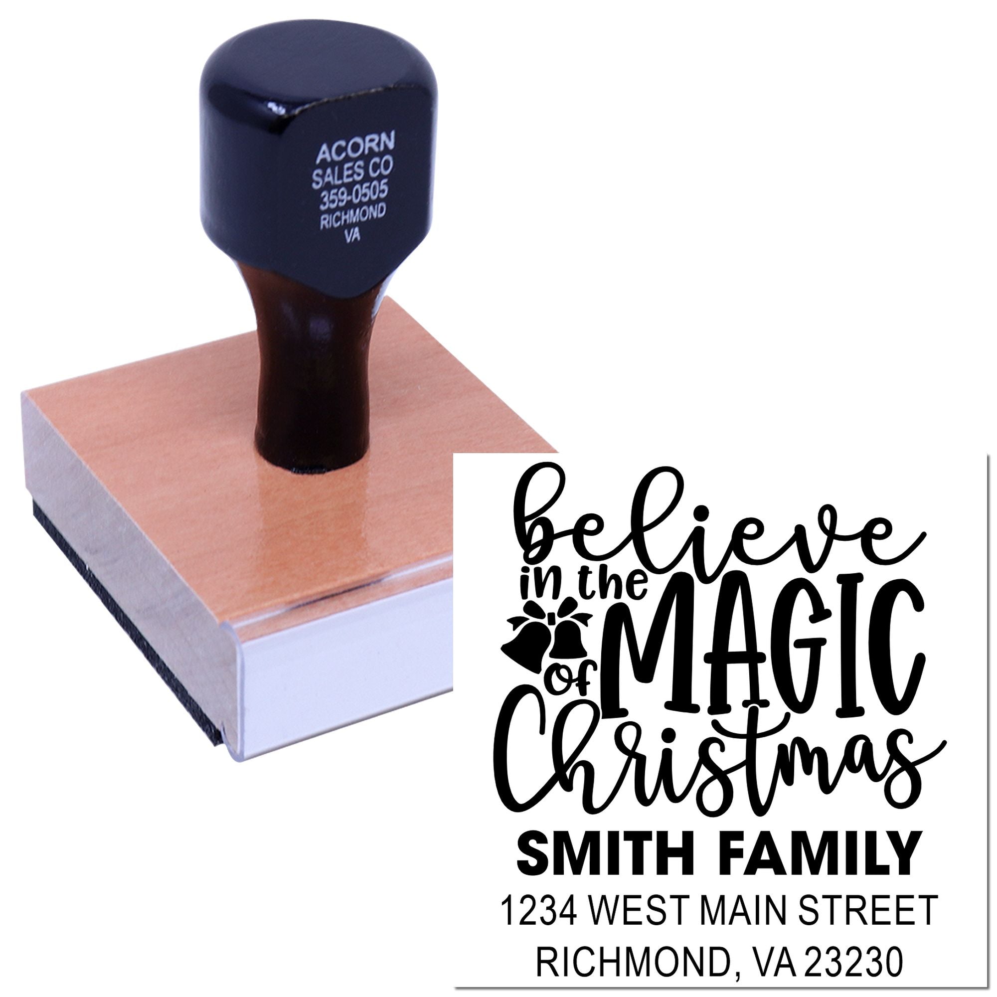 Custom Christmas return address rubber stamp for the Smith family, featuring Believe in the Magic of Christmas design.
