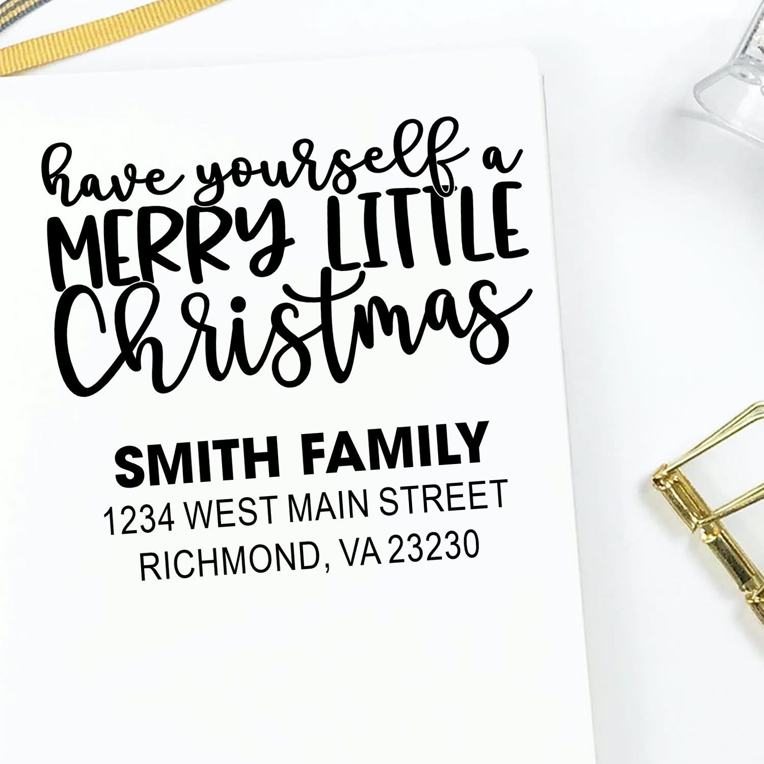 Personalized Christmas return address rubber stamp with Have Yourself a Merry Little Christmas for festive holiday cards.