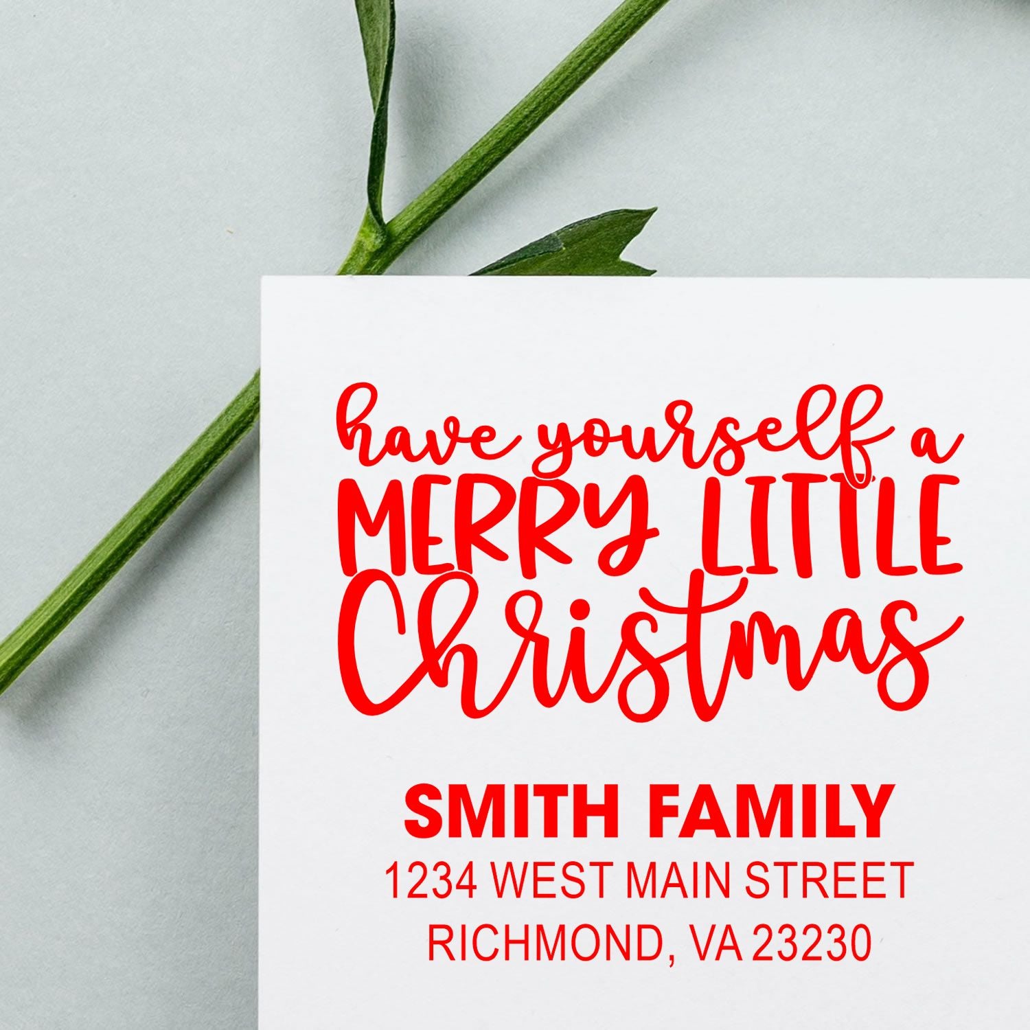 Personalized Christmas address rubber stamp with Merry Little Christmas design and Smith Family return address.