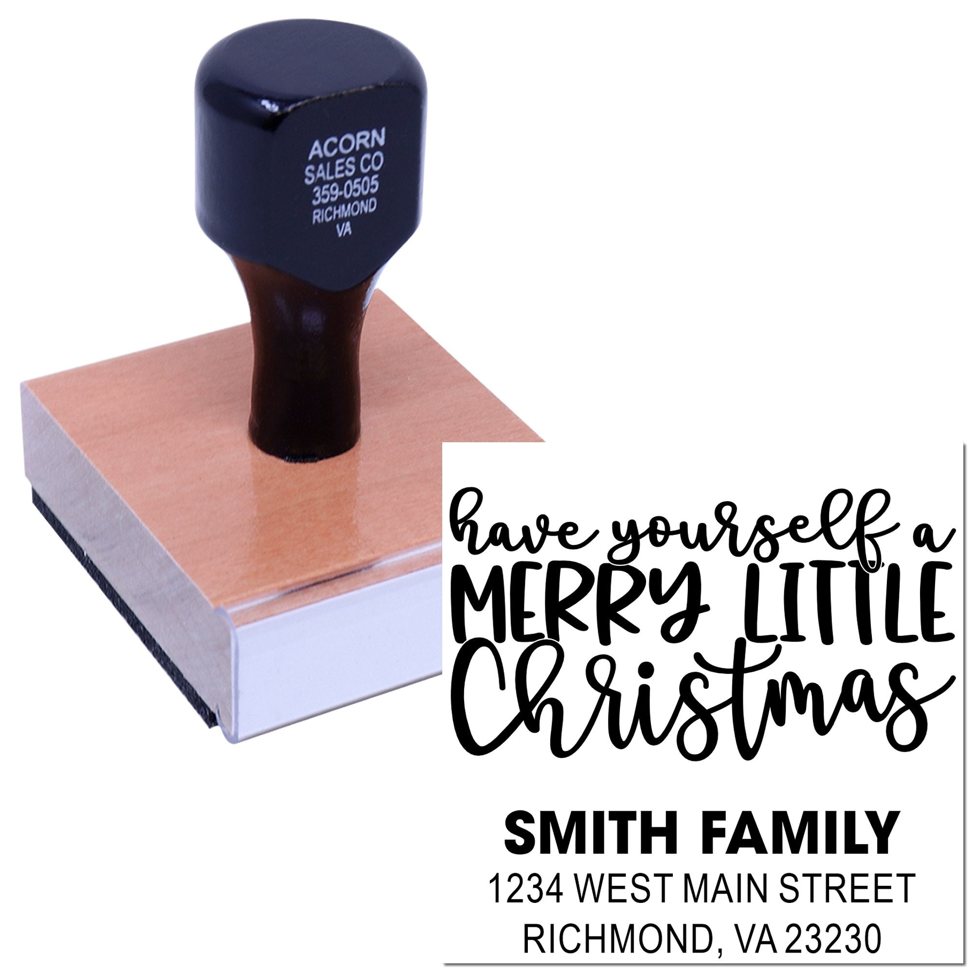Custom Christmas rubber stamp with Have Yourself a Merry Little Christmas and Smith family return address for holiday mail.