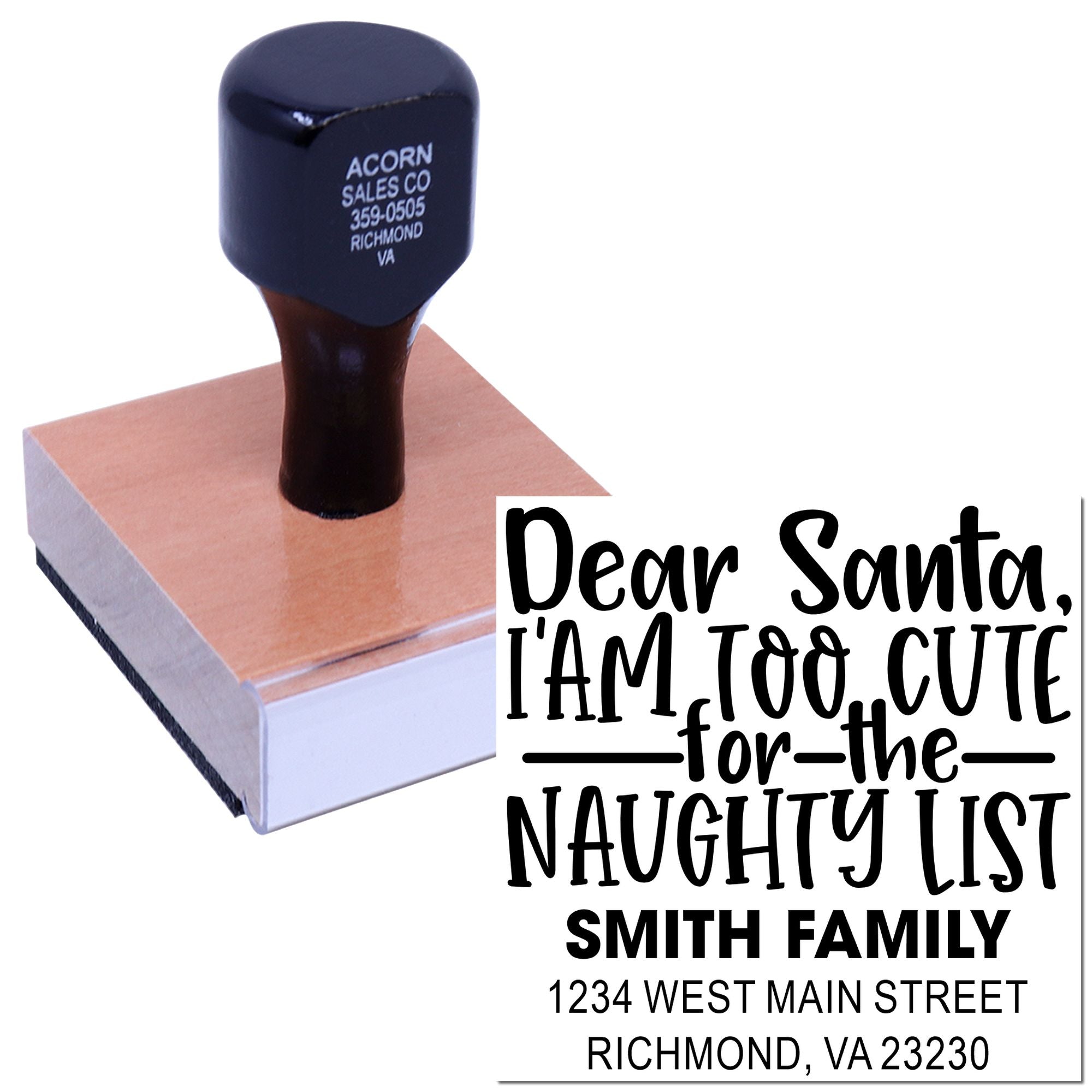 Custom return address rubber stamp with Dear Santa holiday design for family mailings and Christmas cards.