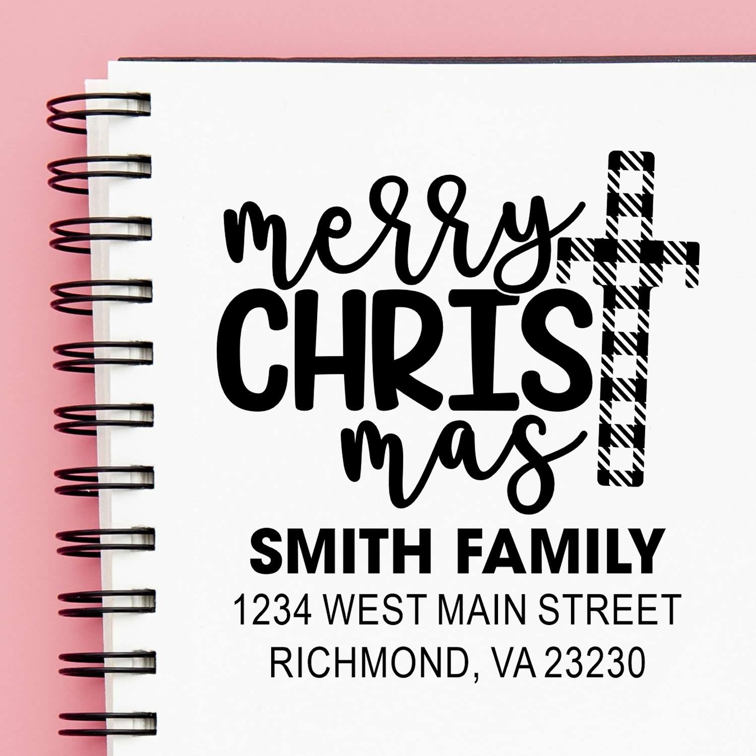 Personalized Merry Christmas rubber stamp design with Smith family name and Richmond, VA address for holiday stationery.
