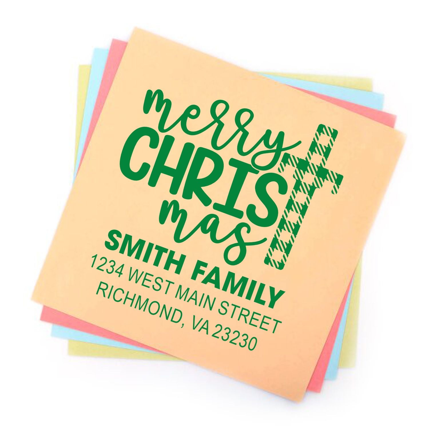 Custom Merry Christmas family address rubber stamp with plaid tree design for holiday cards