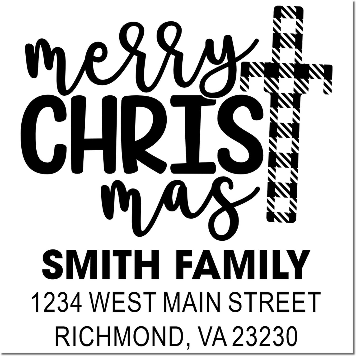 Custom holiday return address rubber stamp with Merry Christmas, Smith Family, and Richmond, VA address in a plaid cross design.