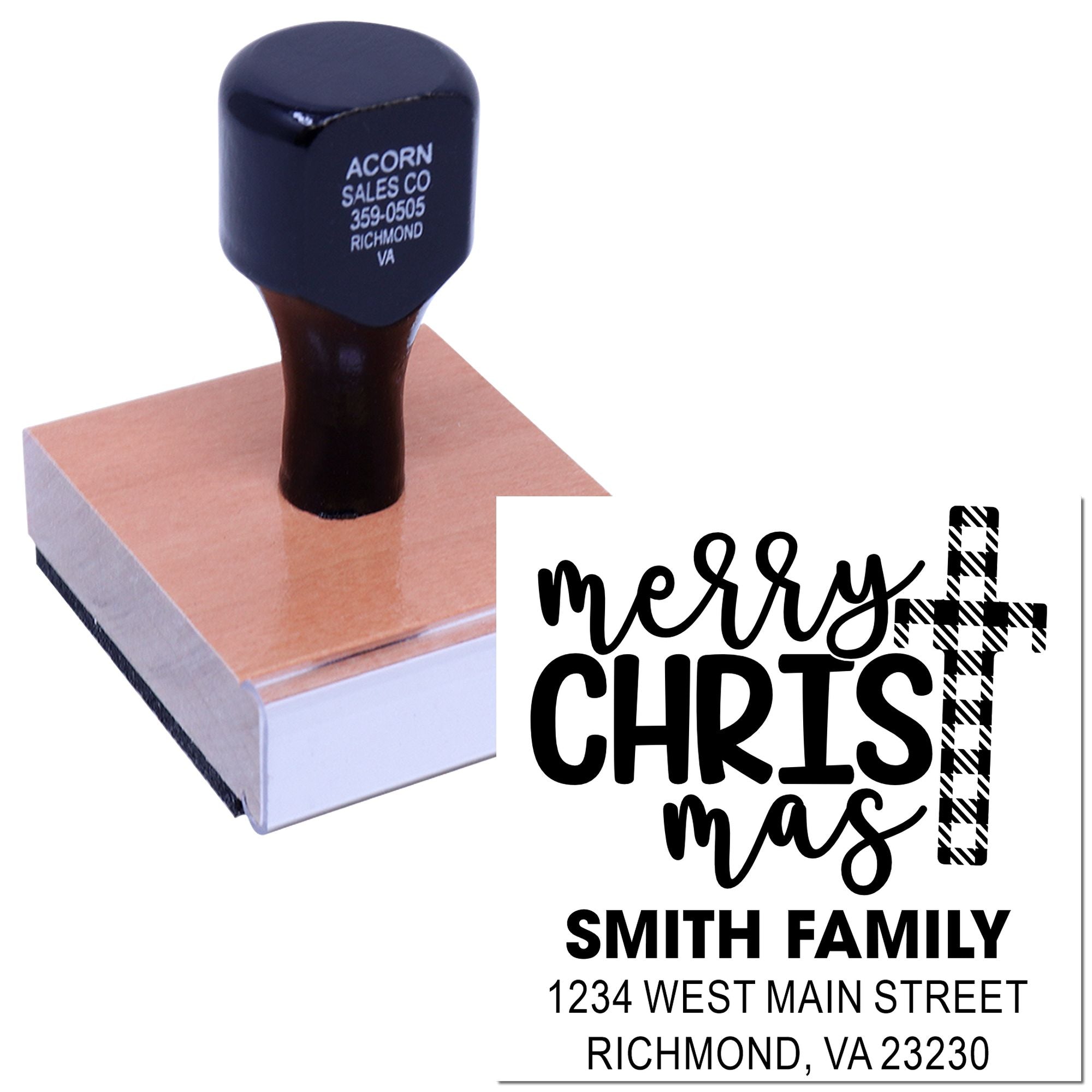 Custom holiday address rubber stamp with Merry Christmas design, Smith family name, and Richmond, VA return address.