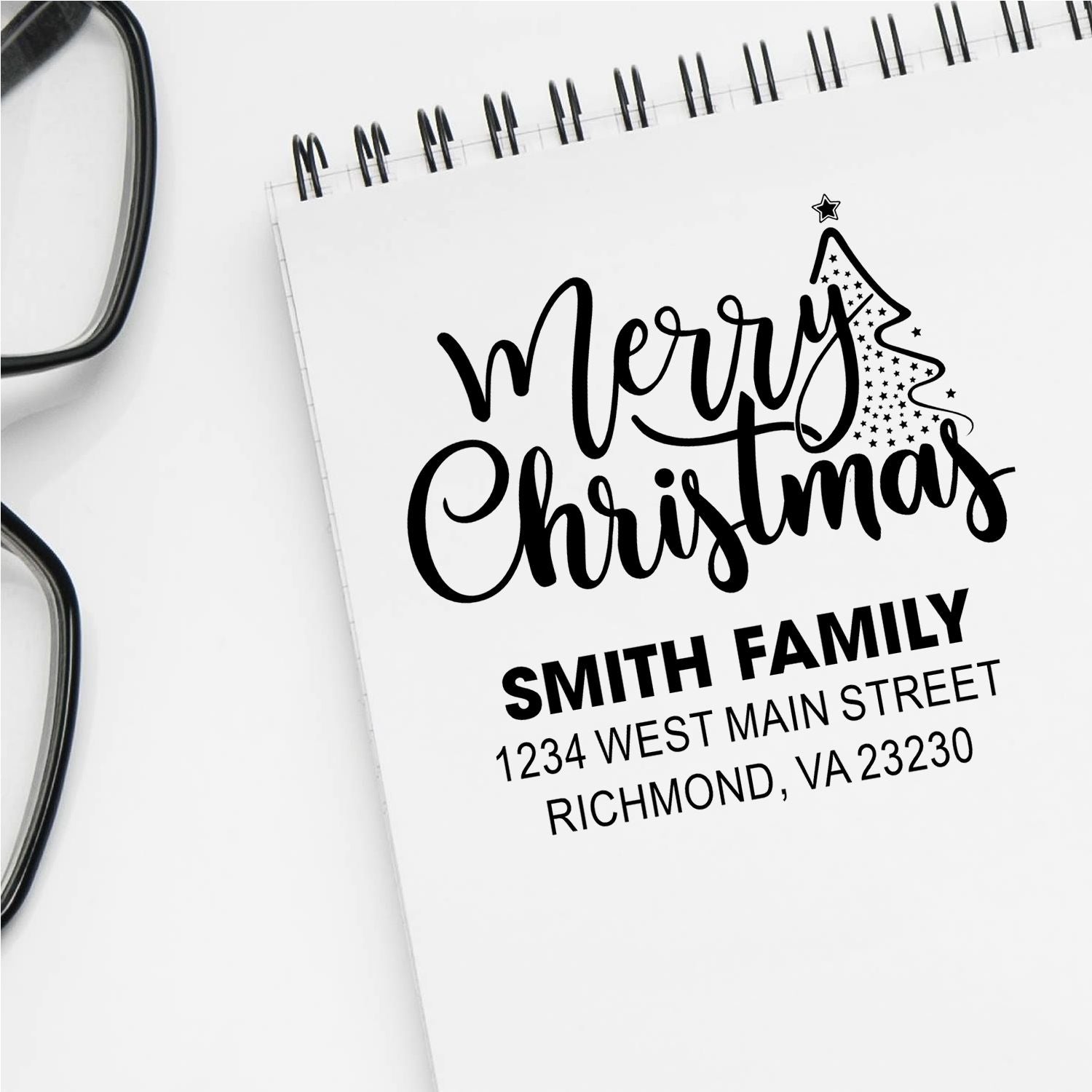 Custom Merry Christmas rubber stamp with Smith Family name and Richmond, VA return address.