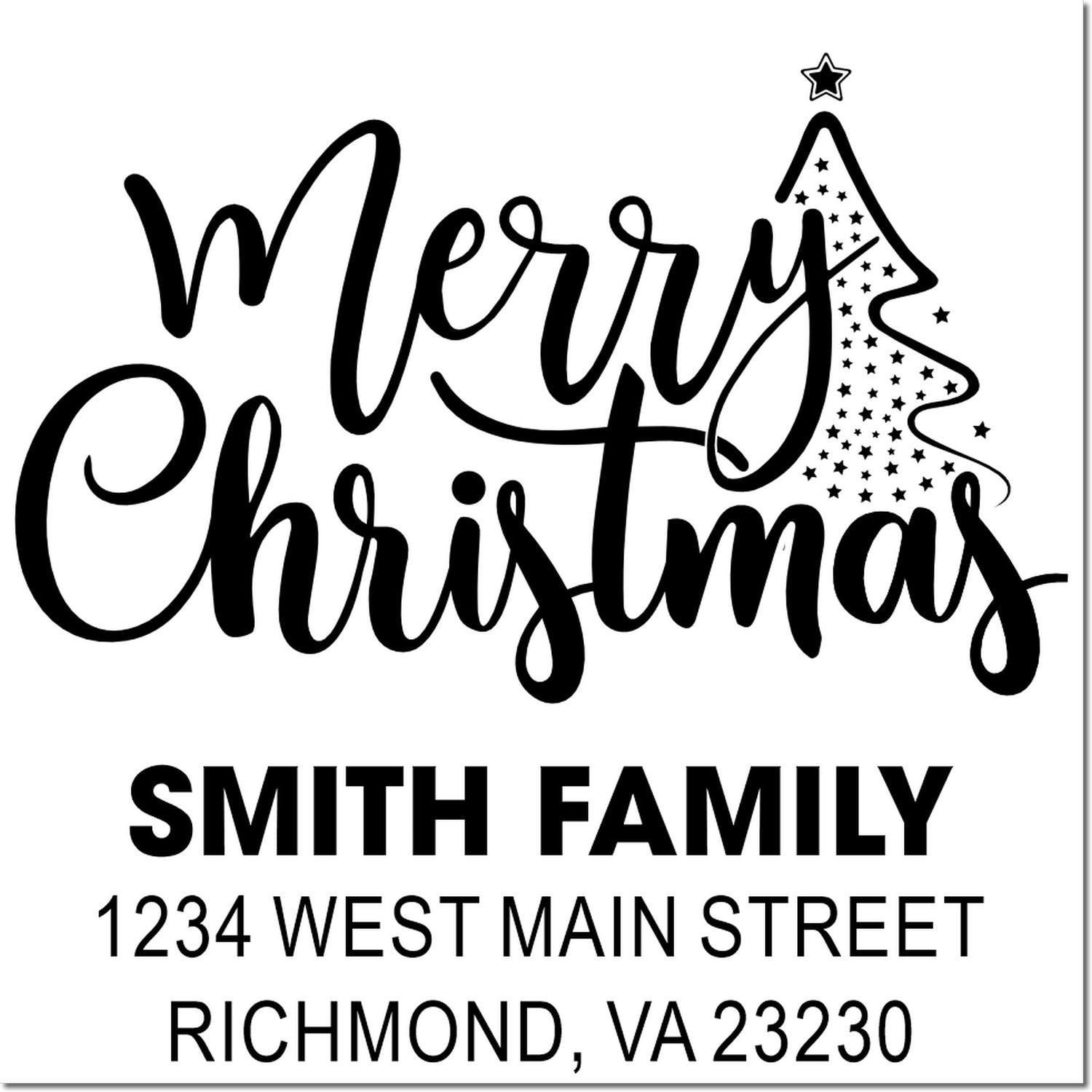 Custom Merry Christmas rubber stamp with Smith family name, address, and festive Christmas tree design.