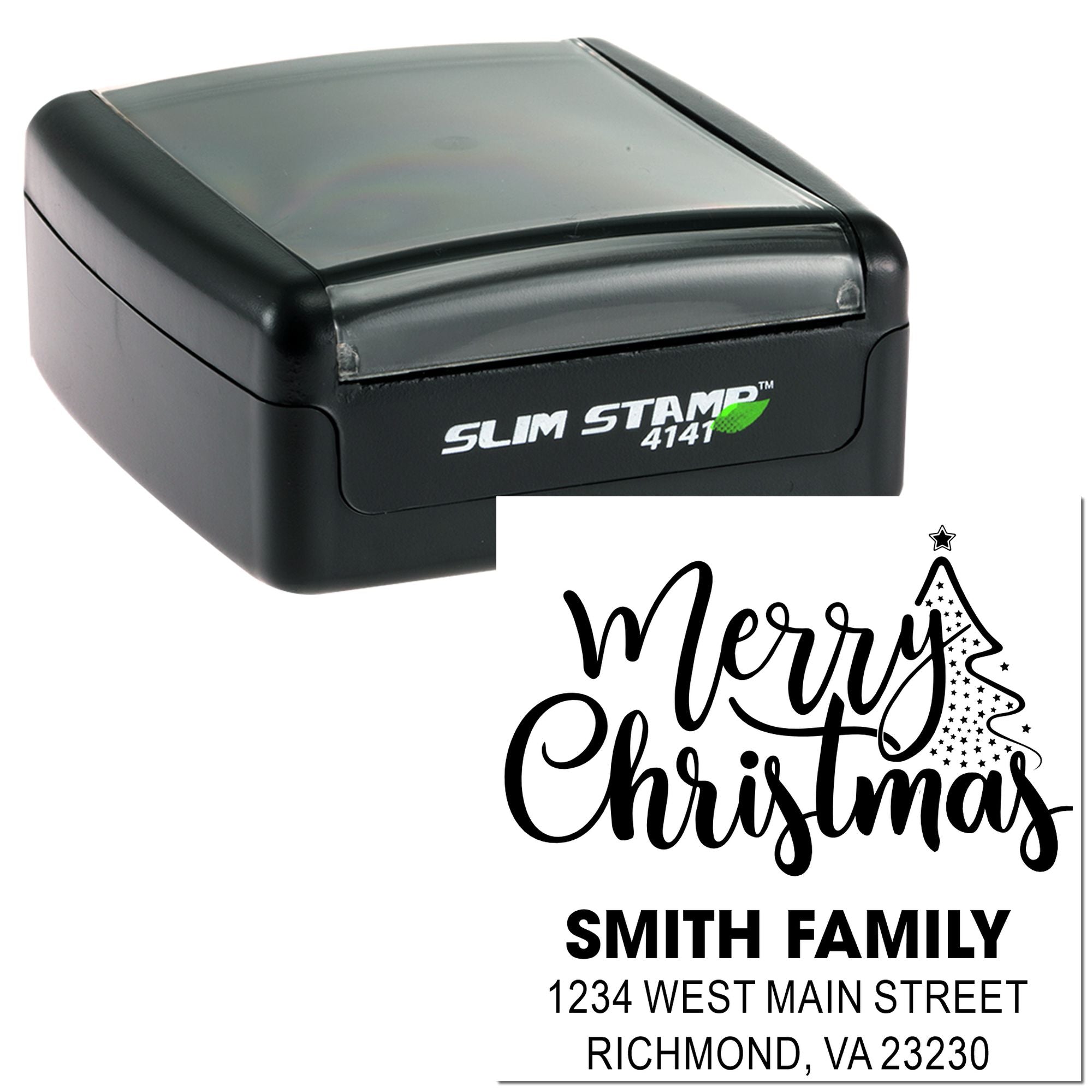 Custom Merry Christmas return address rubber stamp with Smith Family and Richmond, VA address in a slim self-inking stamp.