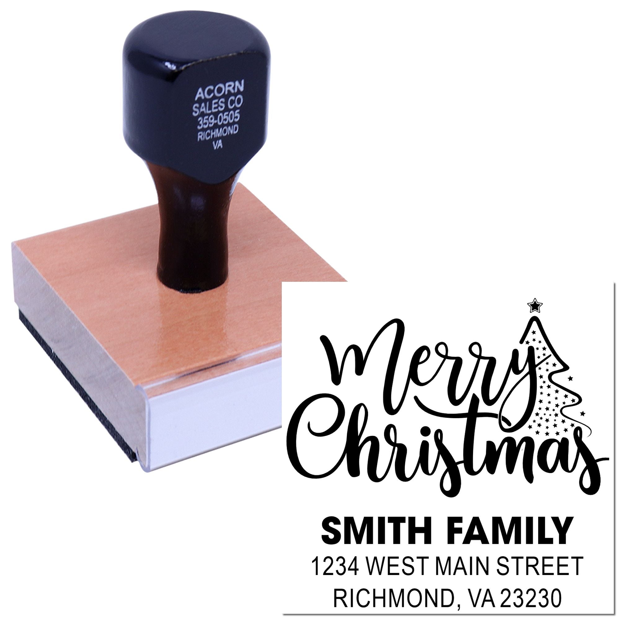 Custom Merry Christmas address rubber stamp for the Smith family, personalized holiday return address stamp for cards and mail.