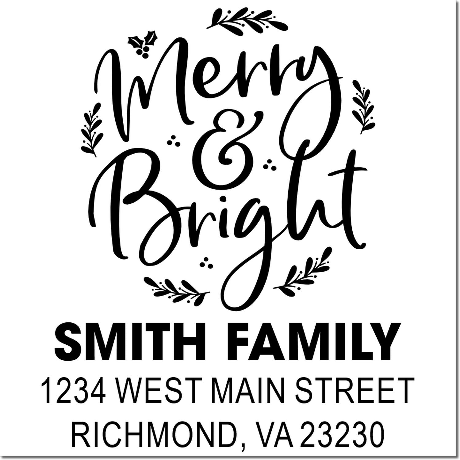 Merry & Bright holiday return address rubber stamp with Smith family name and Richmond, VA address