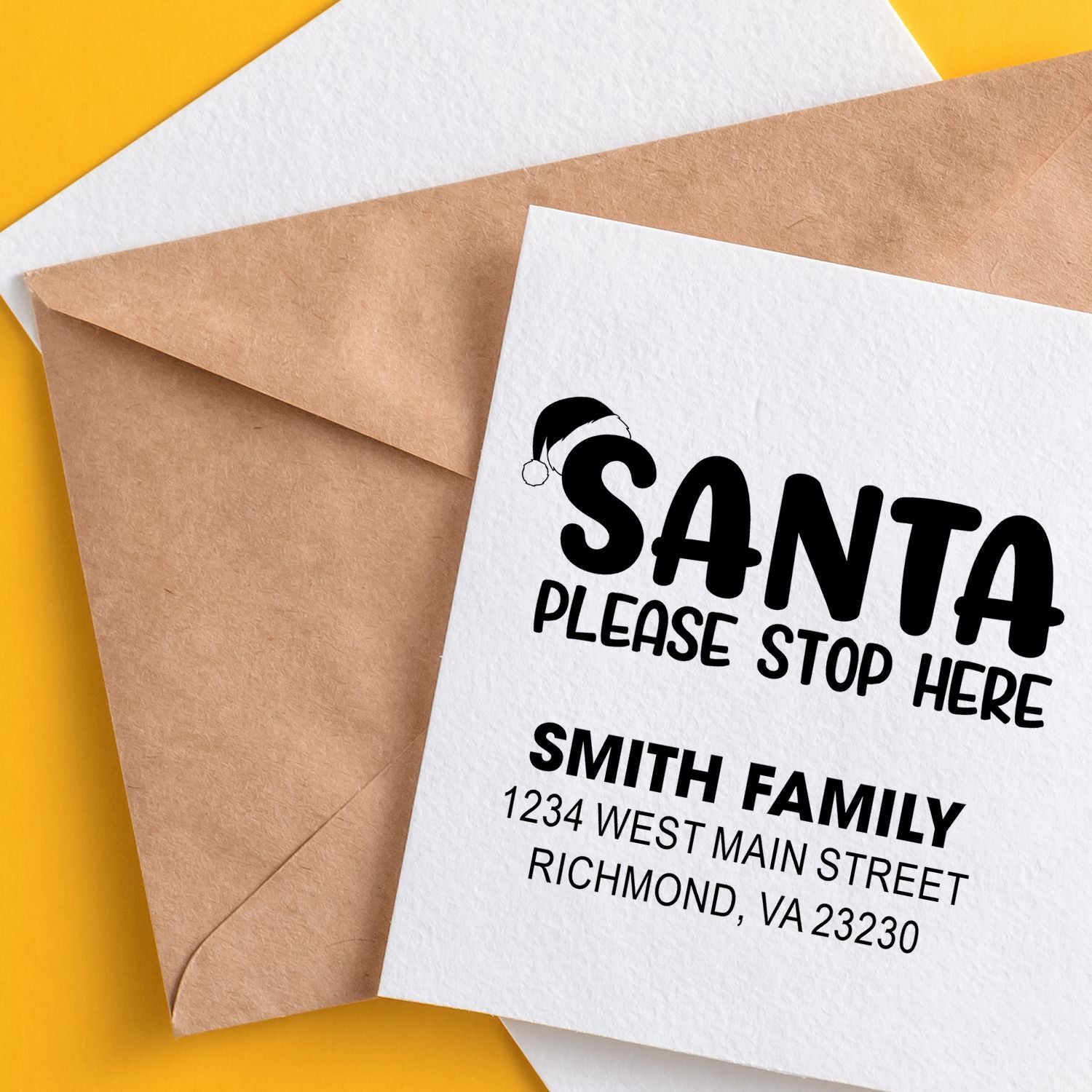 Custom Santa Please Stop Here return address rubber stamp for personalized holiday envelopes and cards
