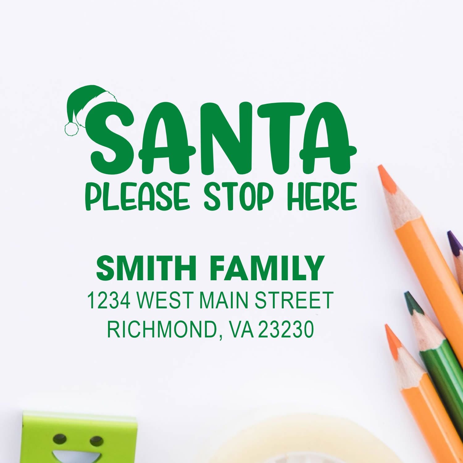 Personalized Santa Please Stop Here rubber stamp with Smith family name and return address for Christmas mail.