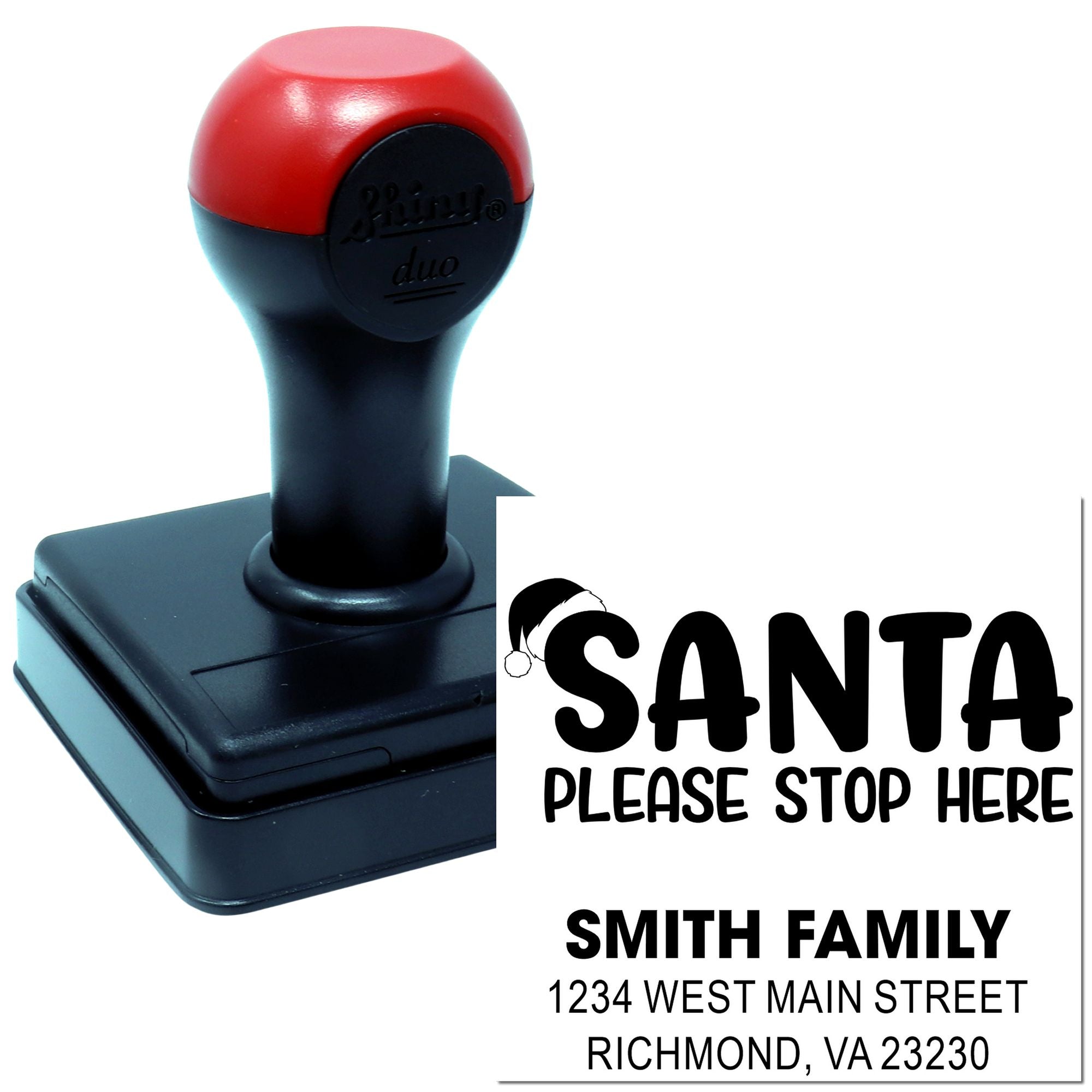 Custom self-inking rubber stamp for holiday mail, featuring Santa Please Stop Here return address imprint for Smith family.