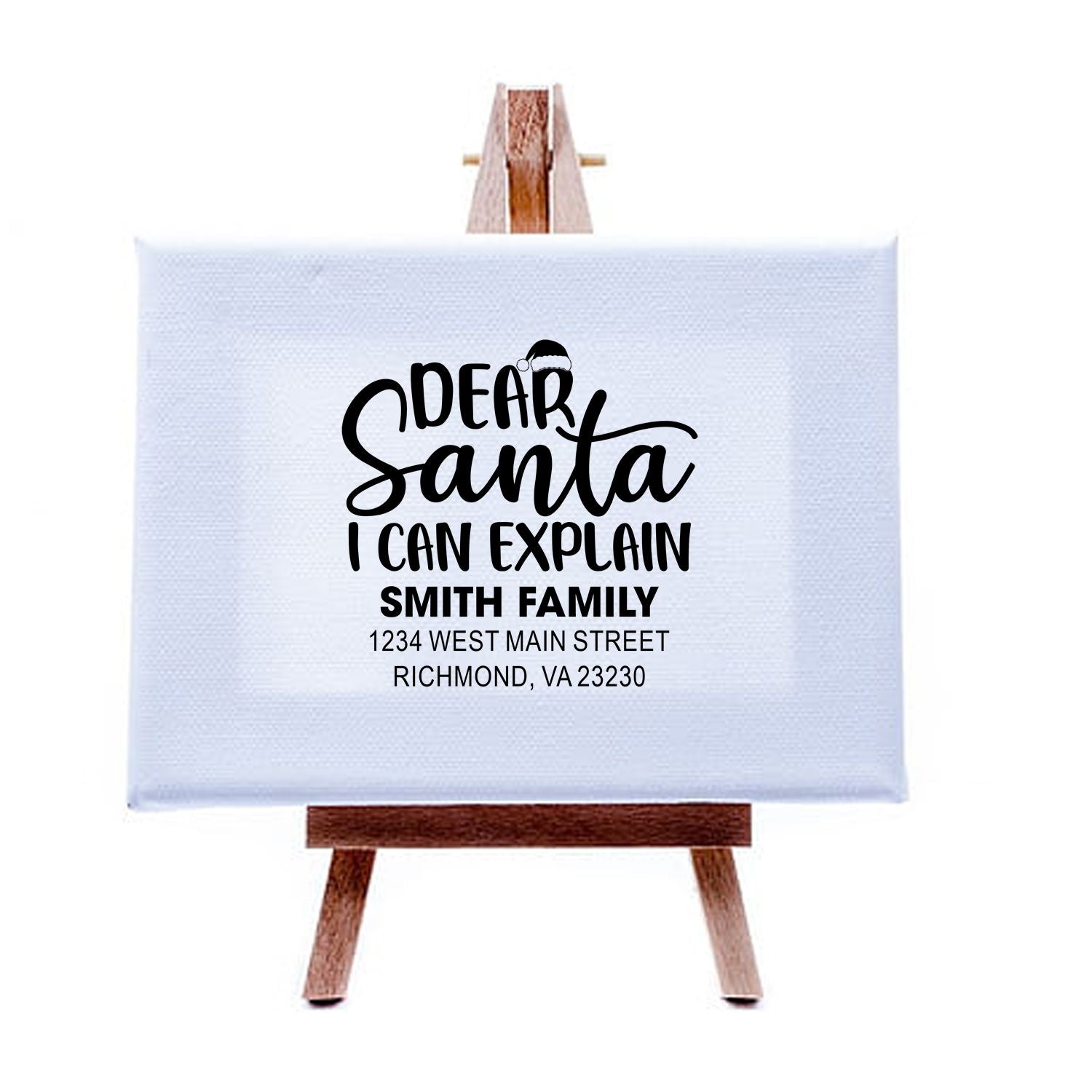 Custom Dear Santa I Can Explain return address rubber stamp for holiday cards, featuring Smith family name and address
