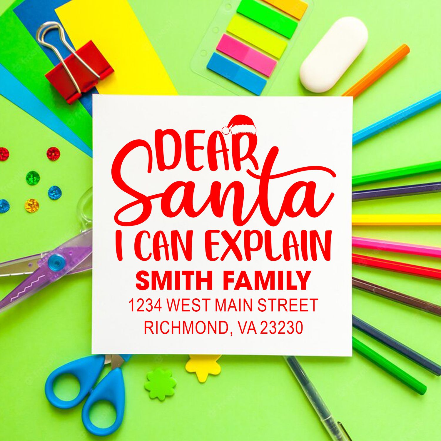 Personalized Christmas address rubber stamp with Dear Santa I Can Explain for the Smith Family.
