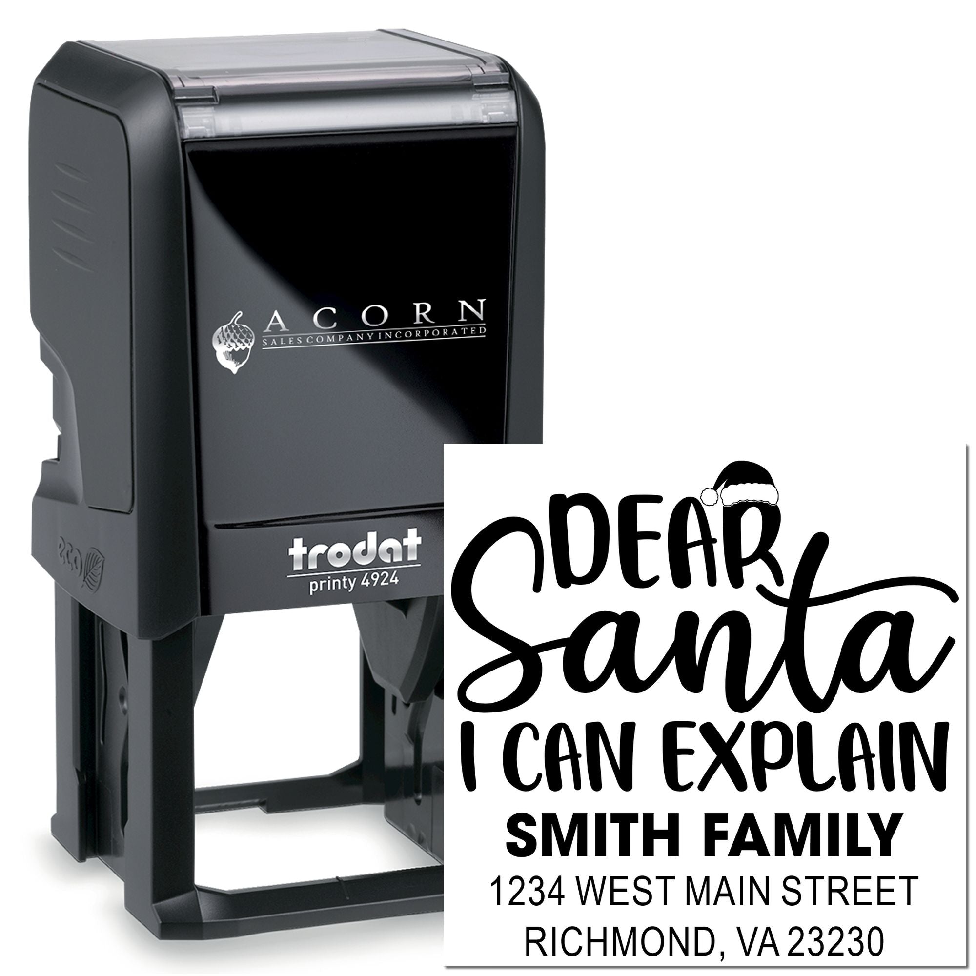 Custom self-inking rubber stamp with Dear Santa I Can Explain holiday return address for the Smith family.