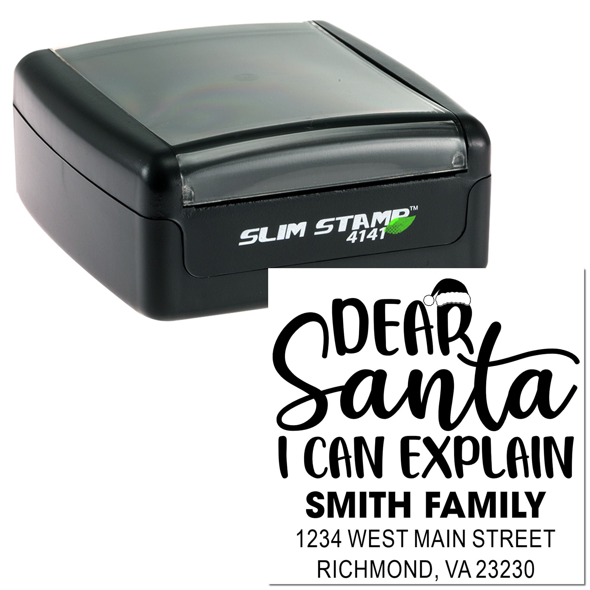 Custom self-inking rubber address stamp with Dear Santa I Can Explain holiday return address design for family mailings.