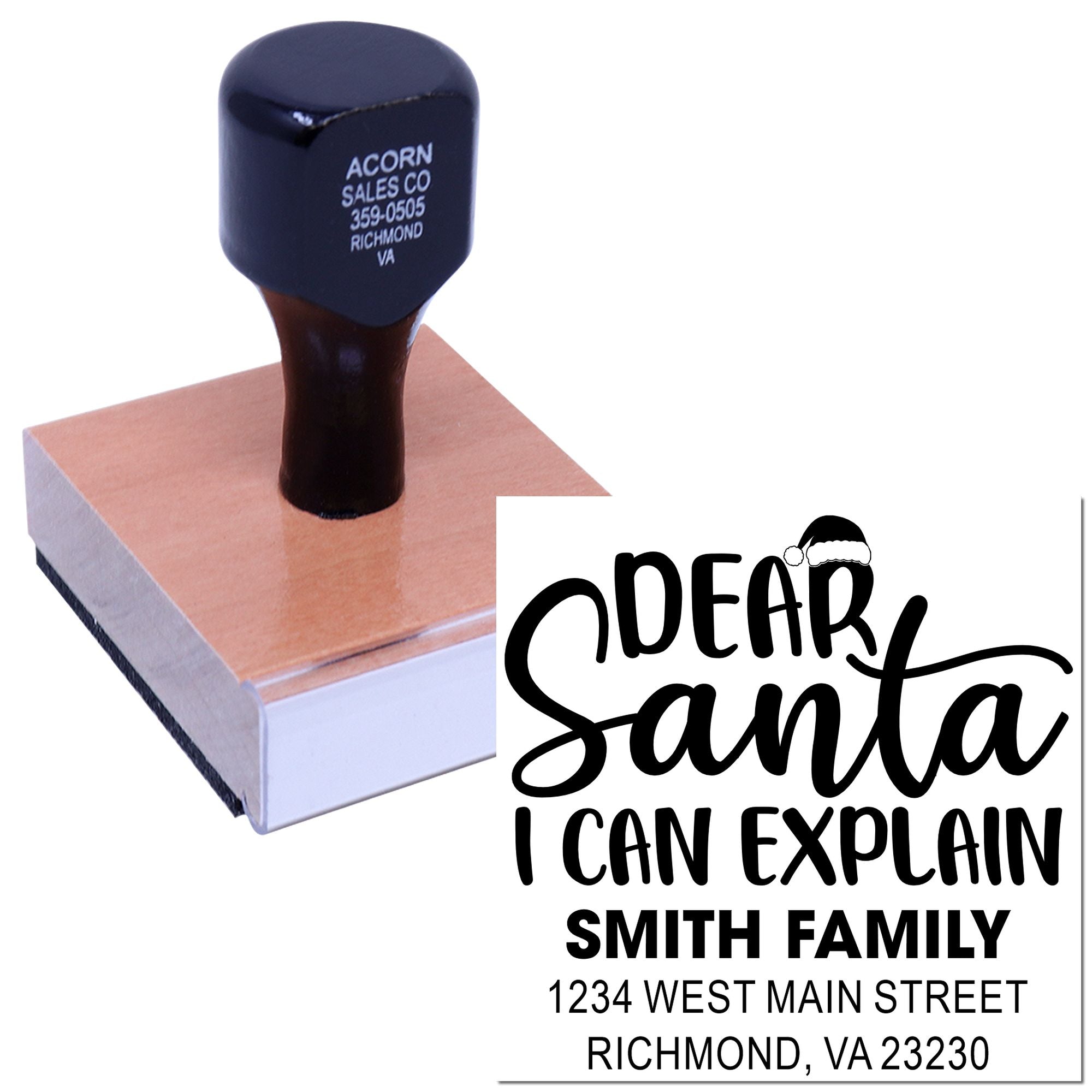 Personalized holiday rubber stamp with Dear Santa I can explain family return address for Christmas cards and envelopes.