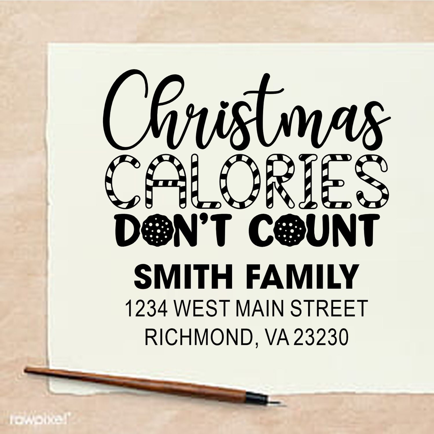 Custom Christmas return address rubber stamp with family name, address, and Christmas calories dont count holiday message.