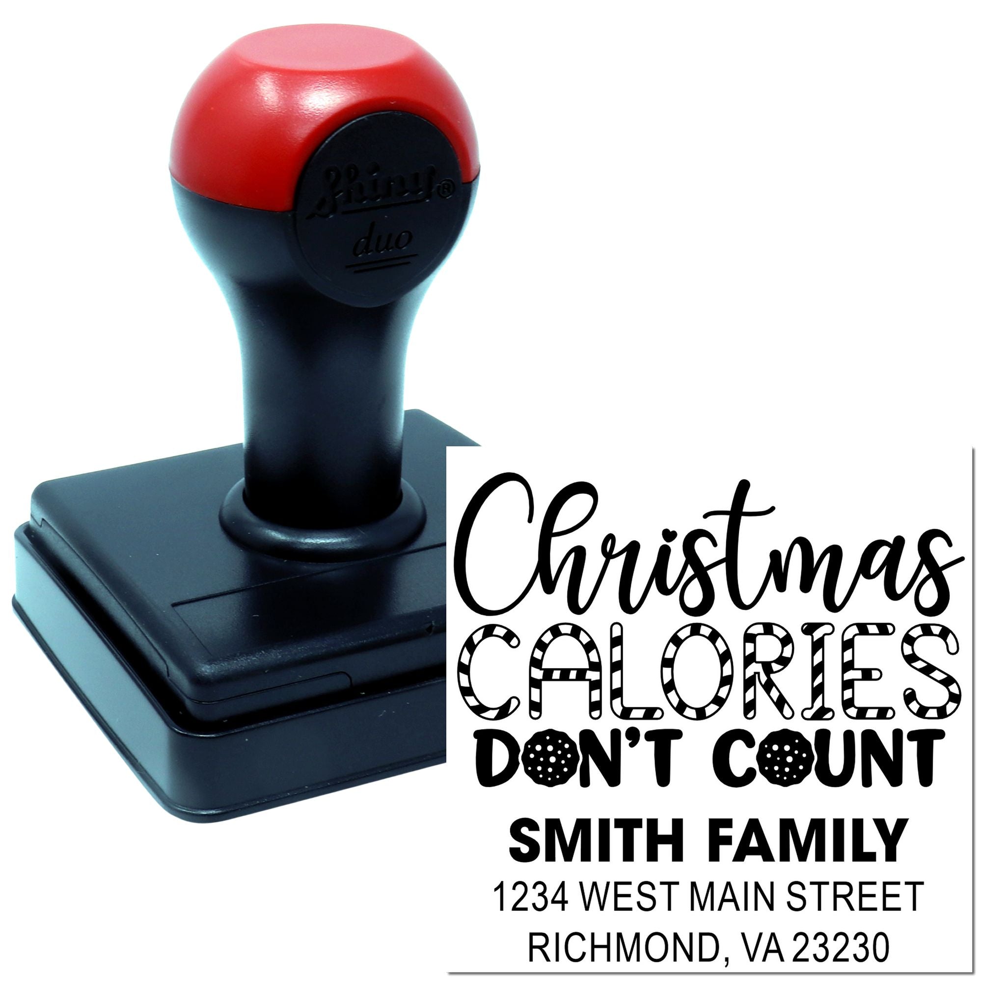Custom self-inking rubber stamp with Christmas calories dont count design and family return address for holiday mail.
