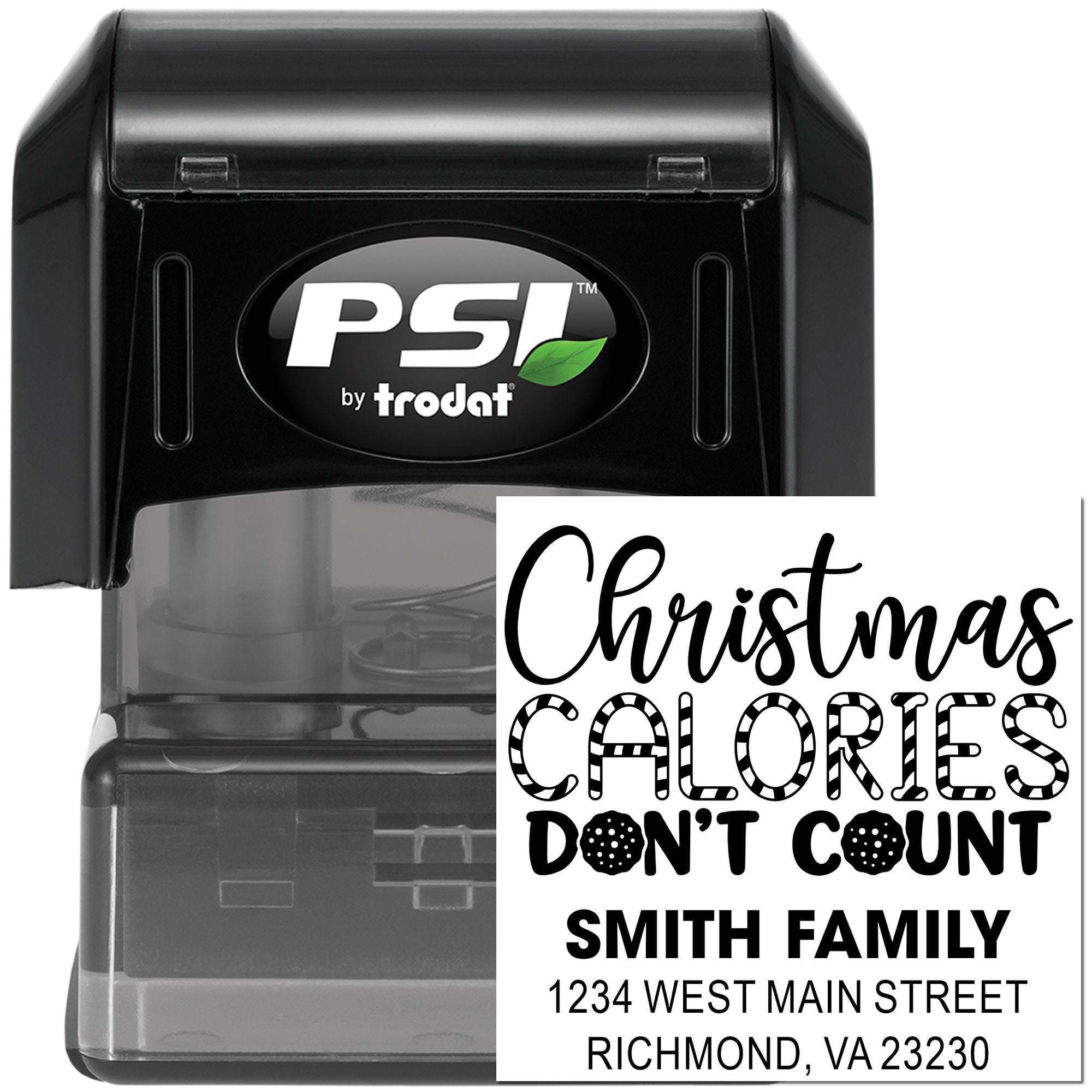 Custom self-inking rubber stamp with Christmas Calories Dont Count and Smith family return address for holiday mailings