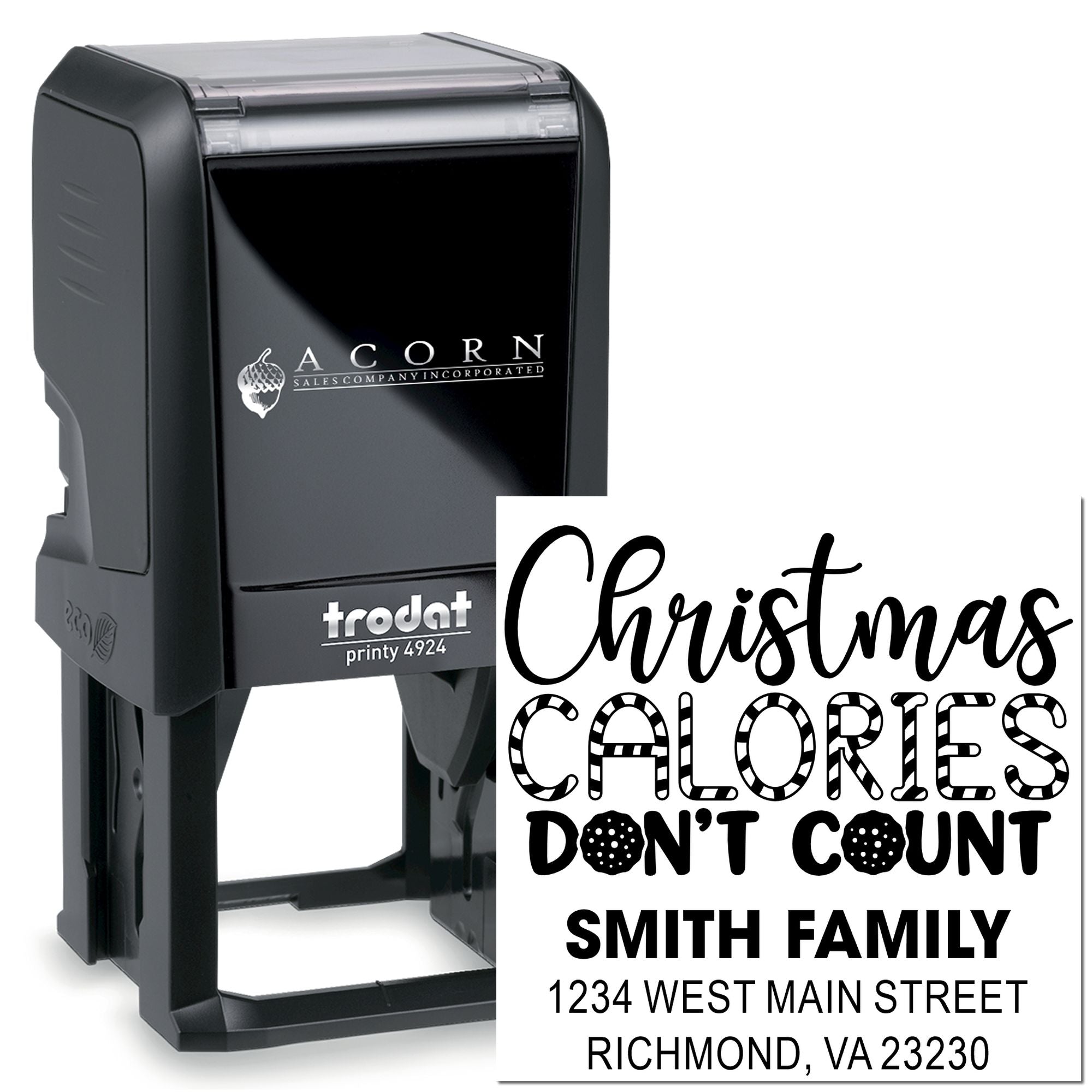 Custom self-inking Christmas rubber stamp with family name, address, and Calories Dont Count holiday message.