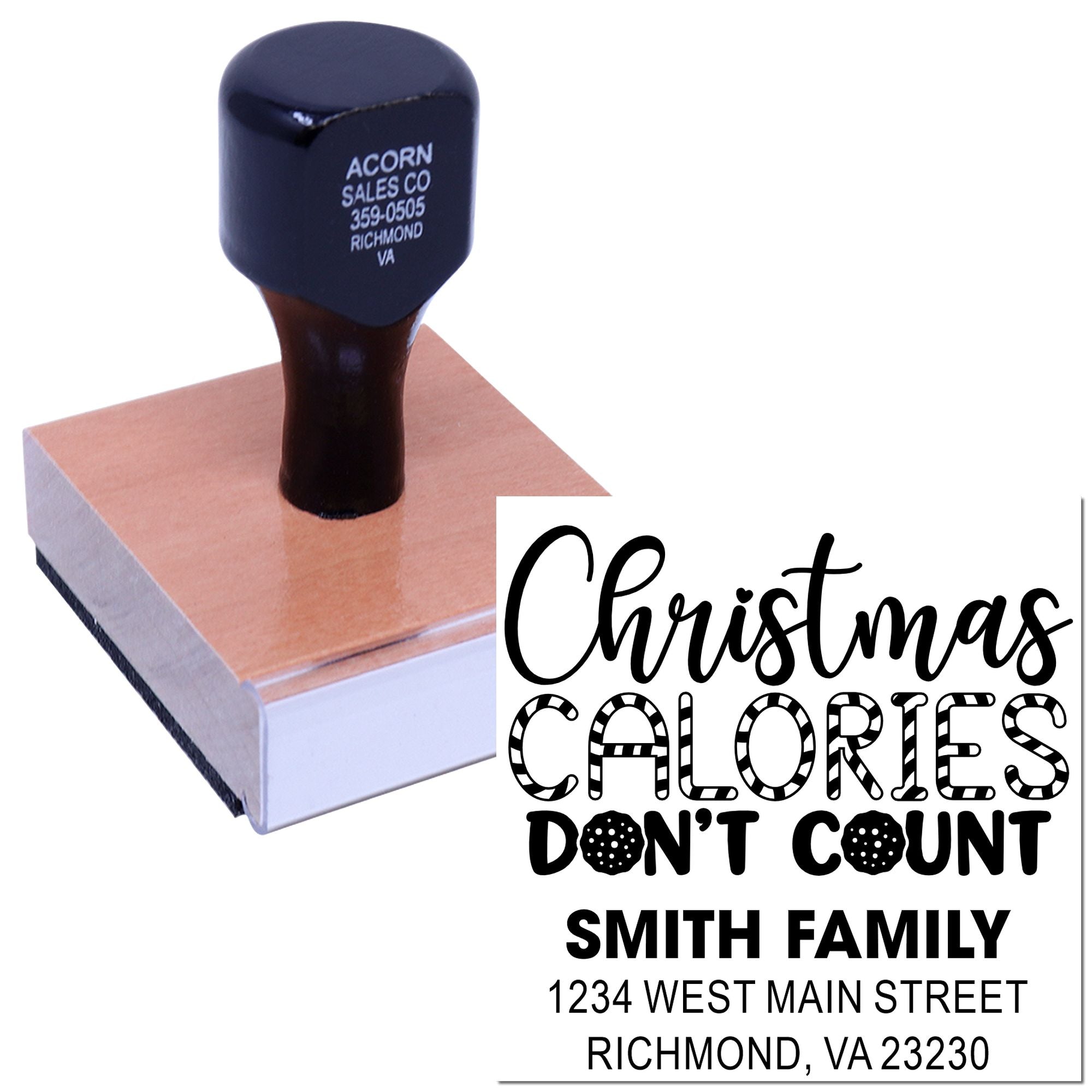 Custom Christmas rubber stamp for holiday cards with Christmas calories dont count and Smith family address.