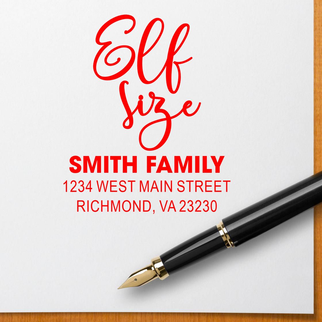 Custom Elf Size address rubber stamp for Smith Family, ideal for holiday cards, stationery, and personal mail.