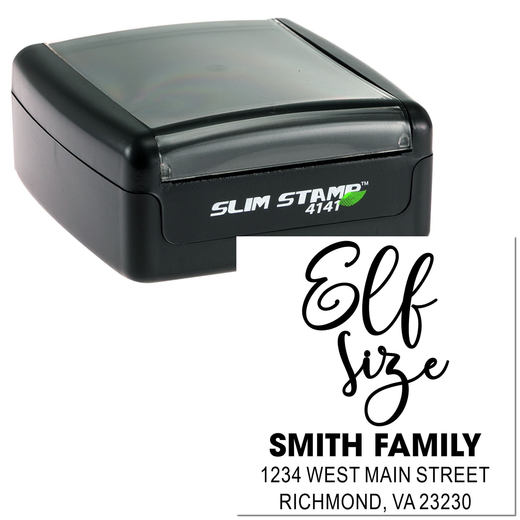 Custom self-inking rubber address stamp, Slim Stamp 4141, with Smith family name and Richmond, VA return address imprint.