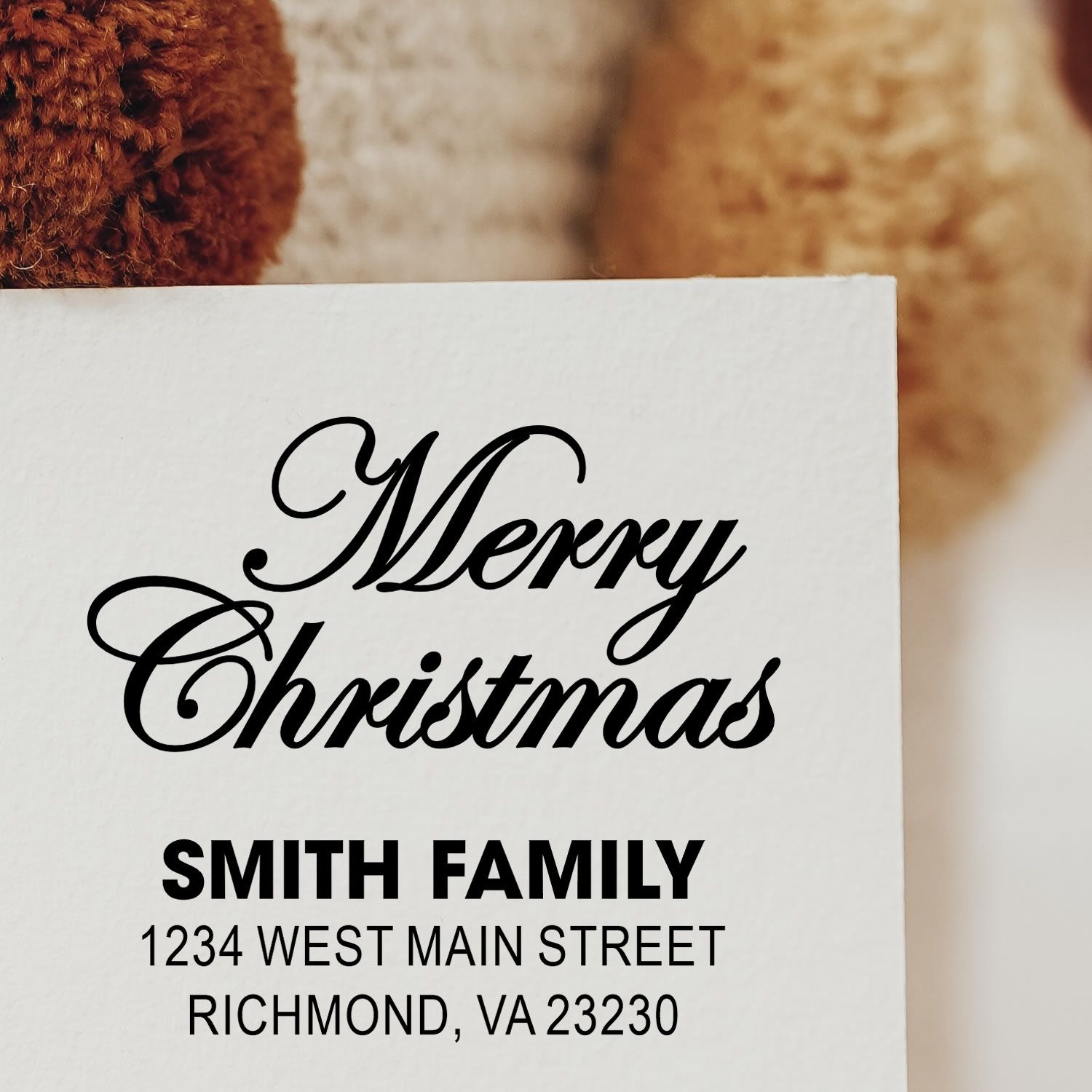 Custom Merry Christmas return address rubber stamp for holiday cards and envelopes.