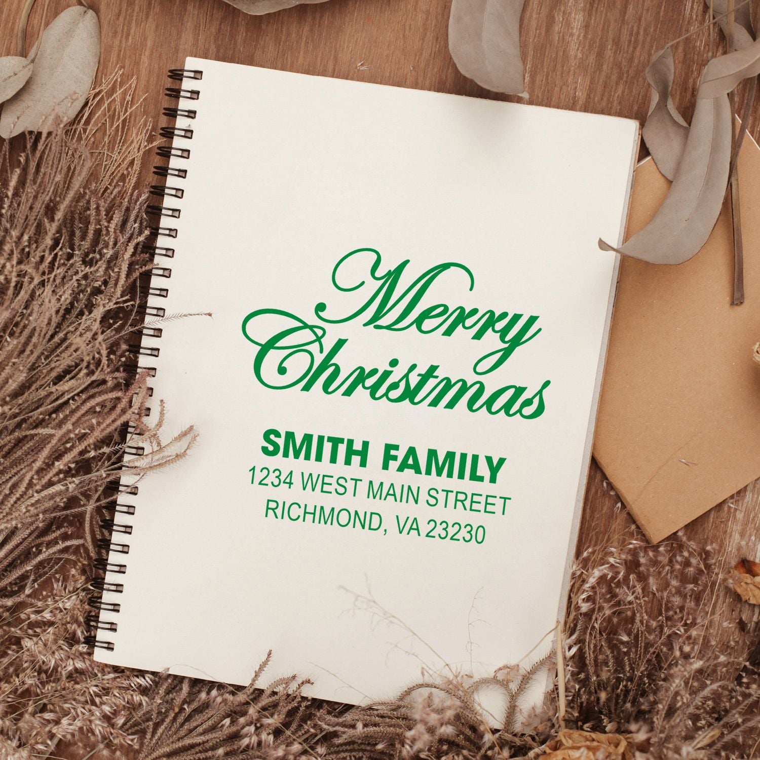 Custom Christmas address rubber stamp for holiday cards, featuring Merry Christmas, Smith Family, and return address in green script.