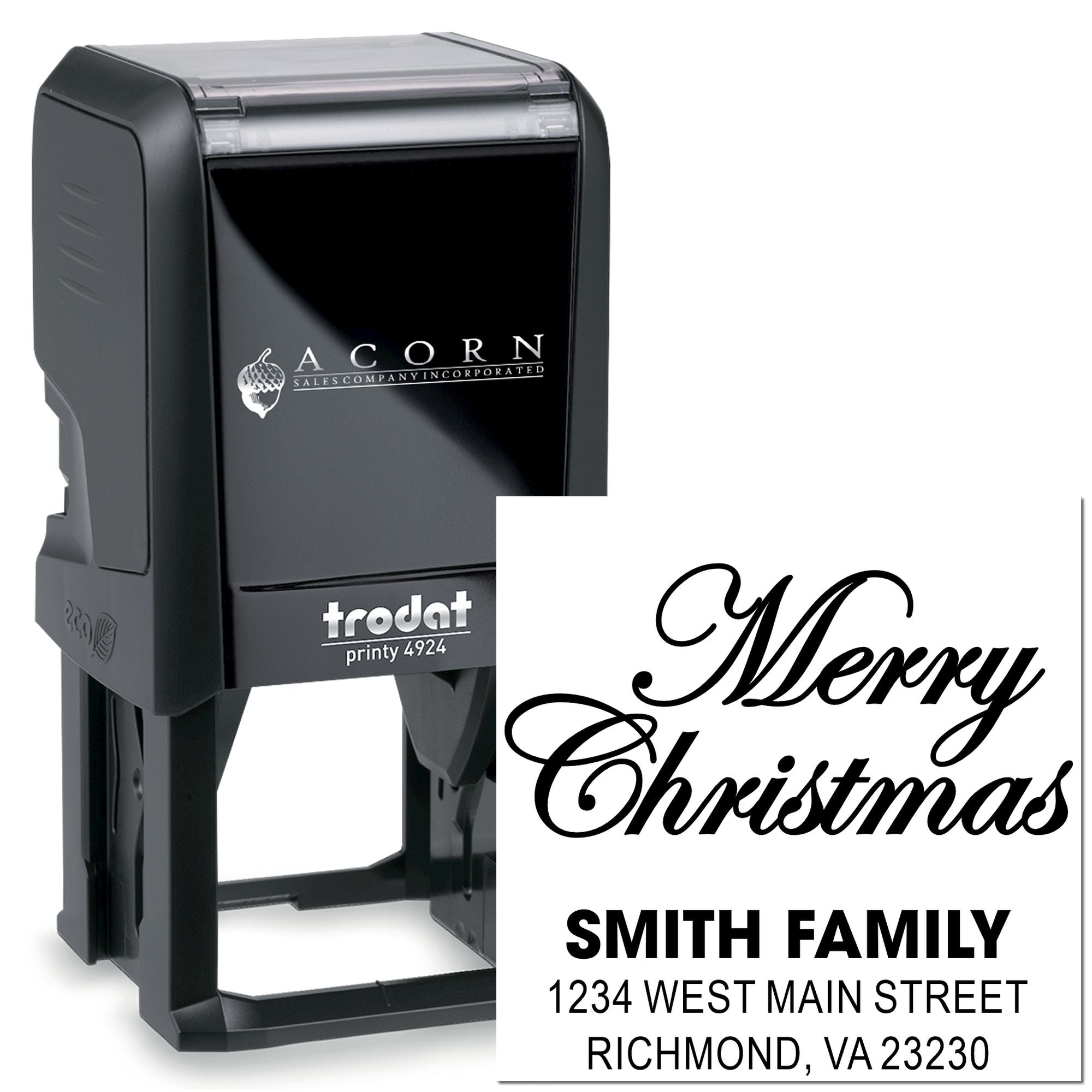 Custom self-inking rubber stamp with Merry Christmas return address design for holiday cards and envelope stamping.