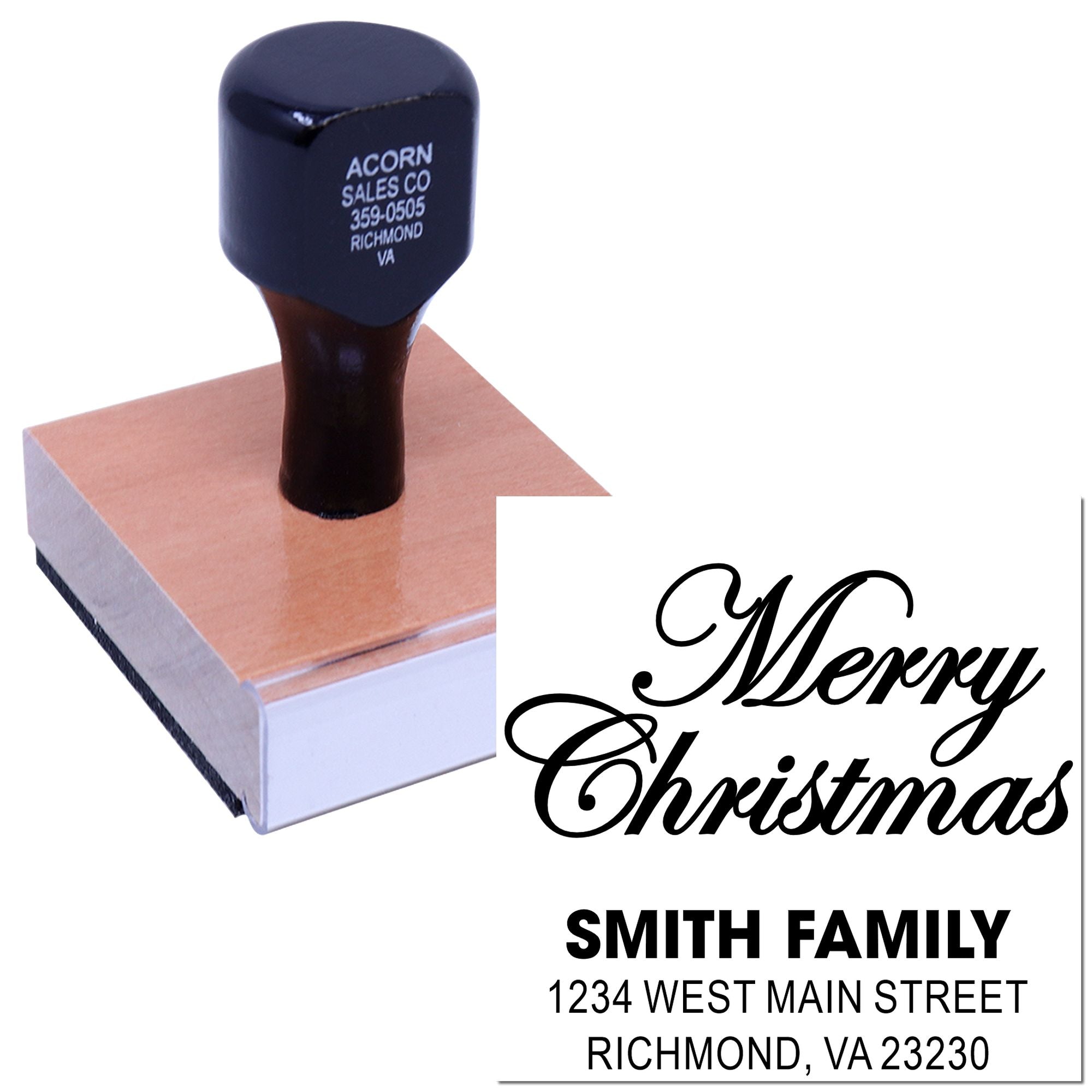 Custom Christmas return address rubber stamp with wood handle, featuring Merry Christmas and Smith Family address.