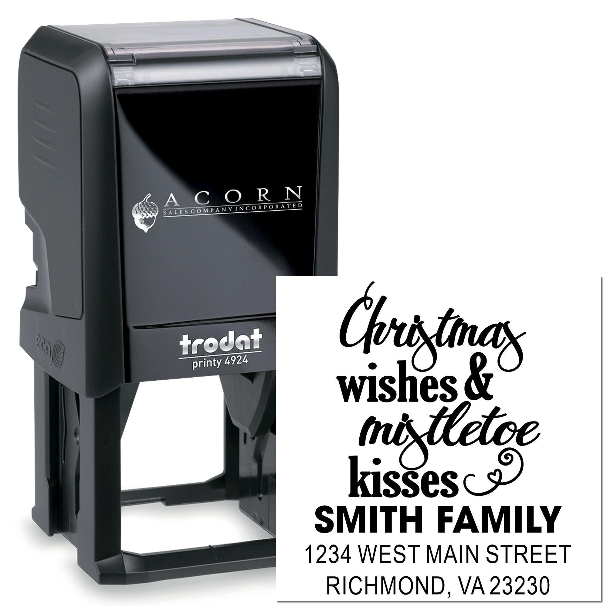 Trodat self-inking rubber stamp with custom Christmas wishes and Smith family address design