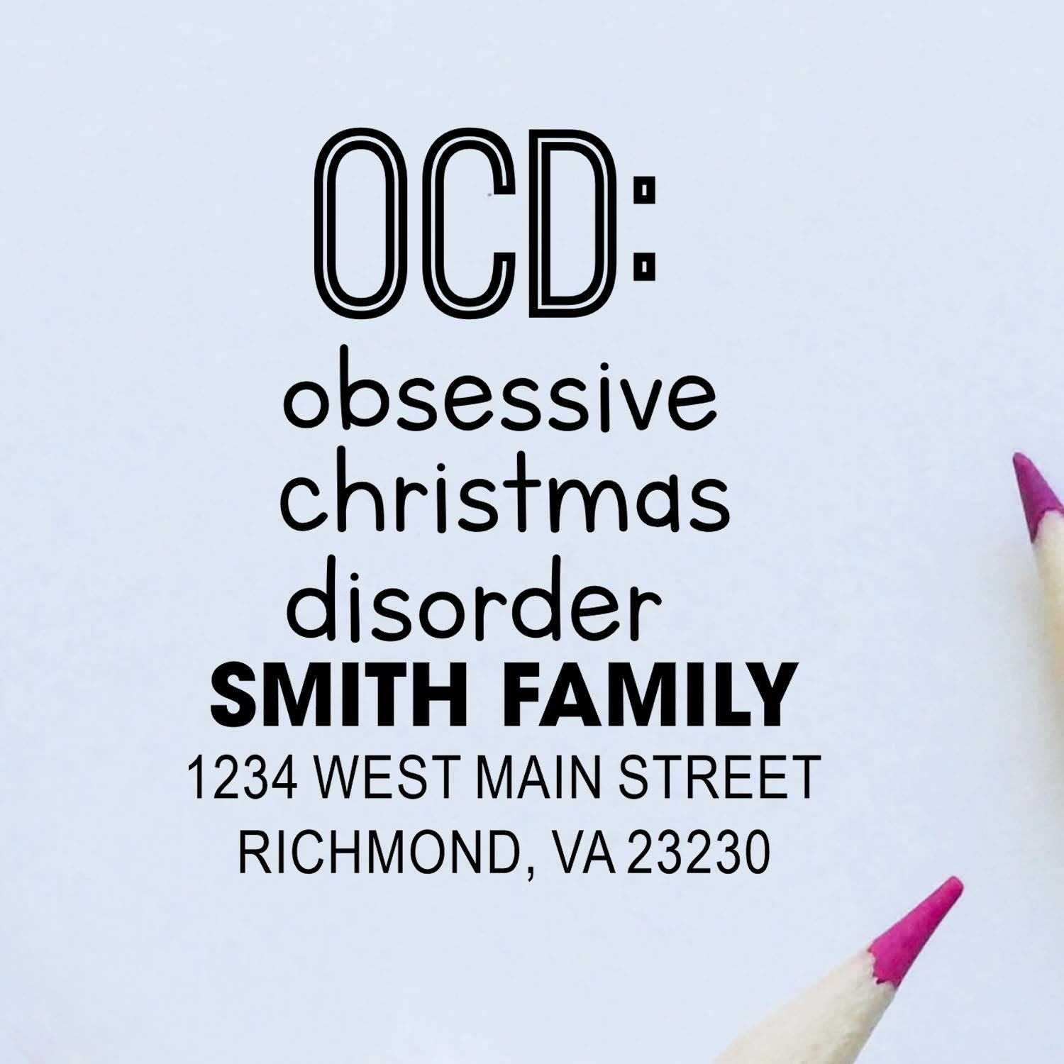 Personalized Christmas rubber stamp with OCD design, Smith family name, and return address for holiday mail.