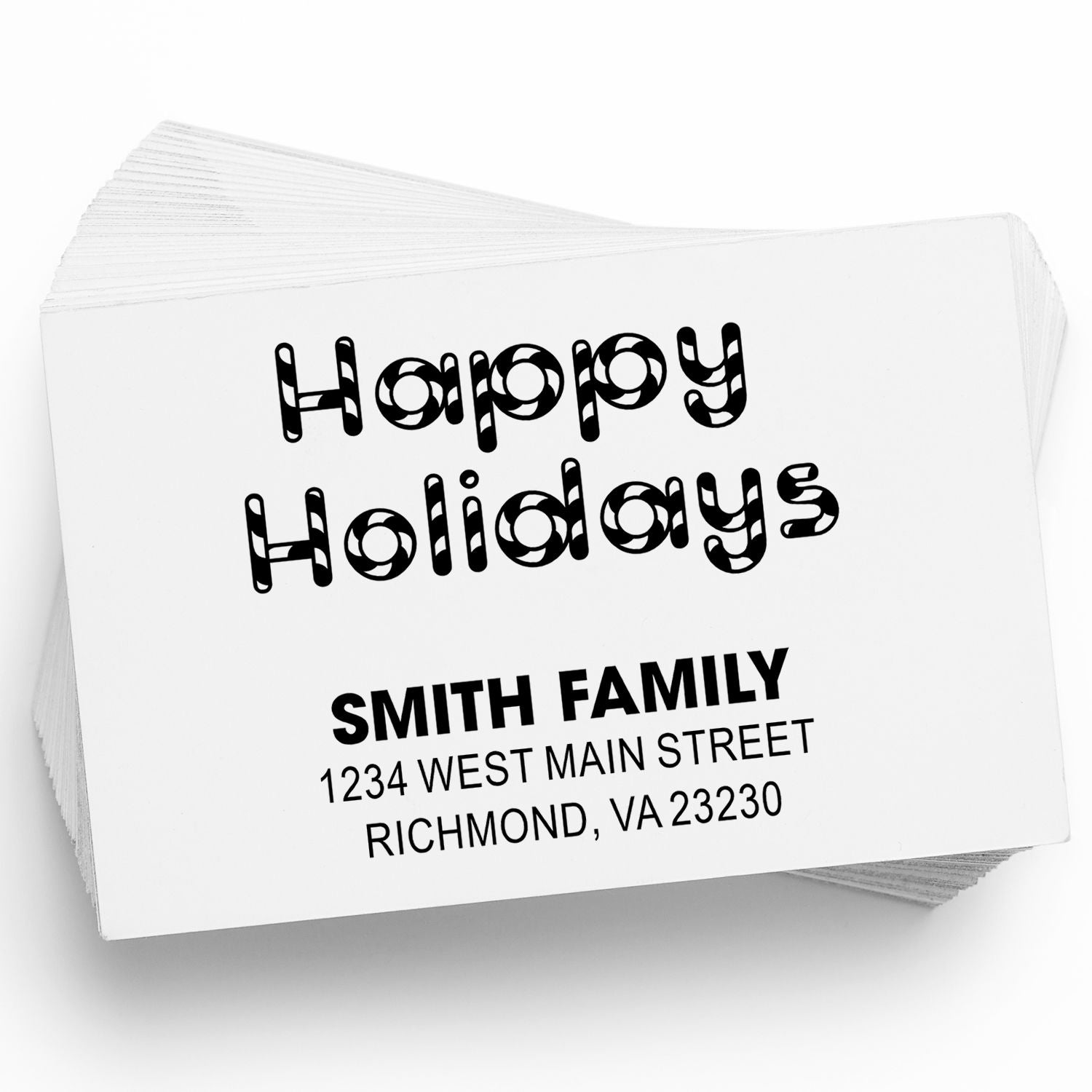 Happy Holidays custom rubber stamp with Smith Family return address, Richmond, VA 23230