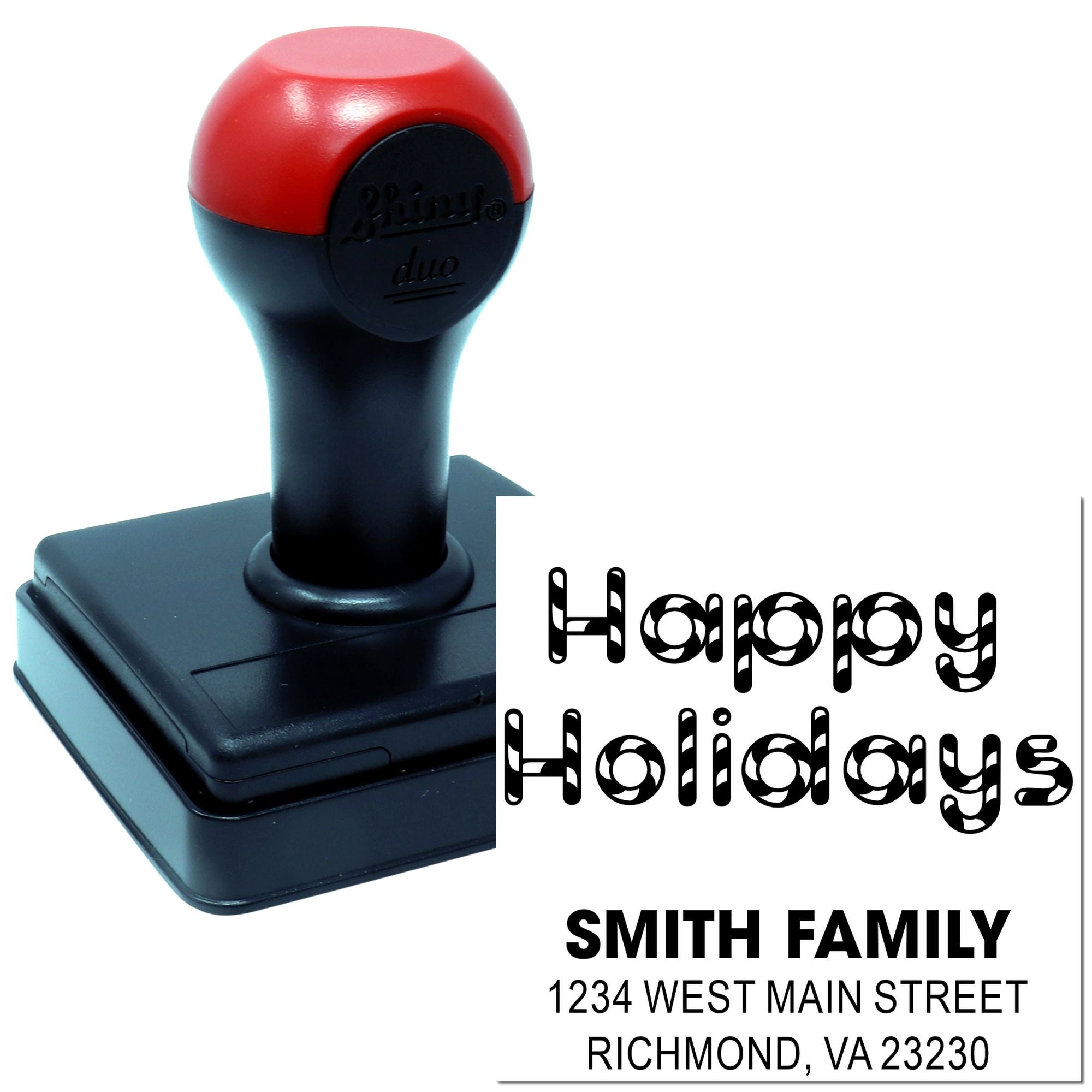 Personalized Happy Holidays return address rubber stamp for Smith Family mailings and holiday cards.