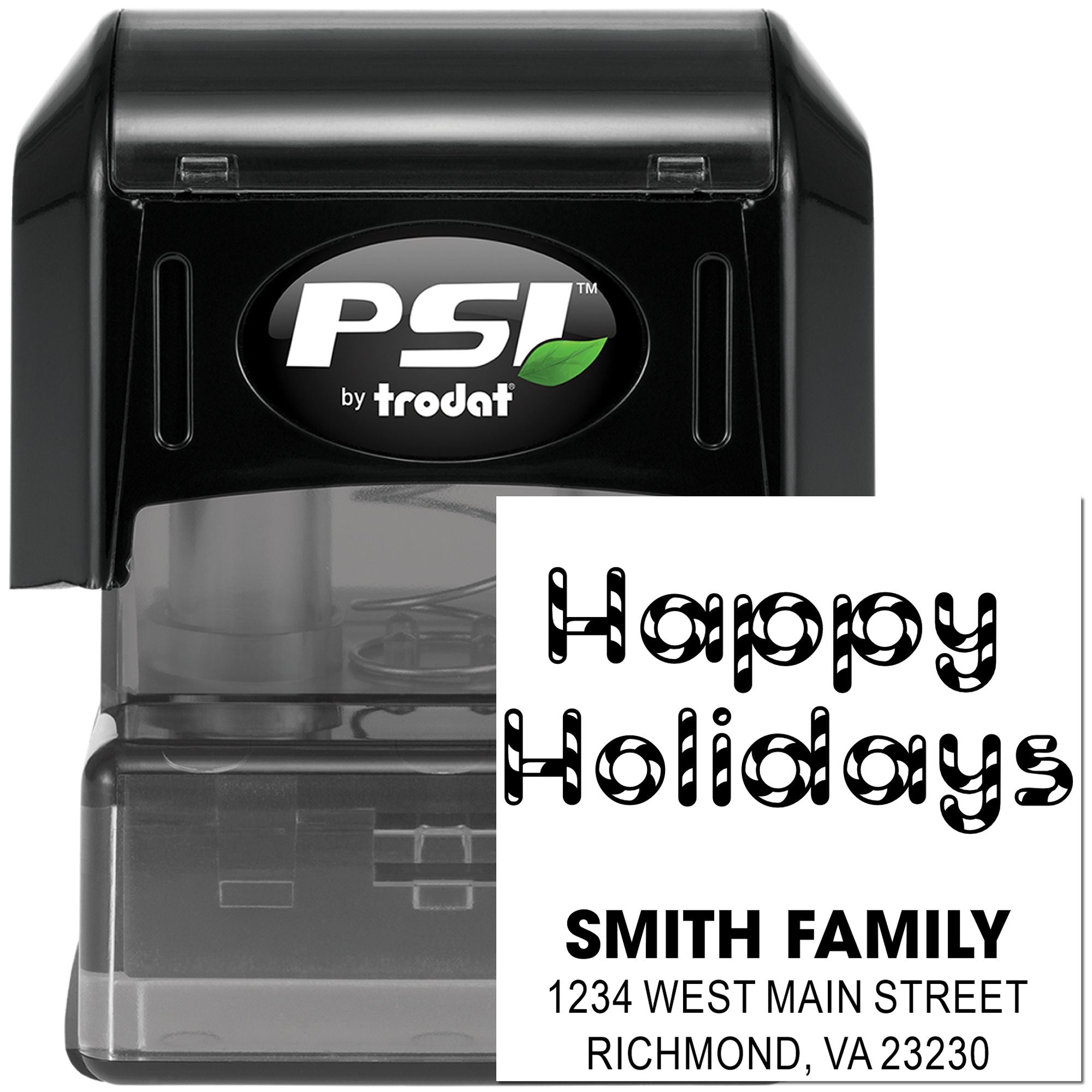 PSI by Trodat self-inking rubber stamp with Happy Holidays design and Smith Family return address.