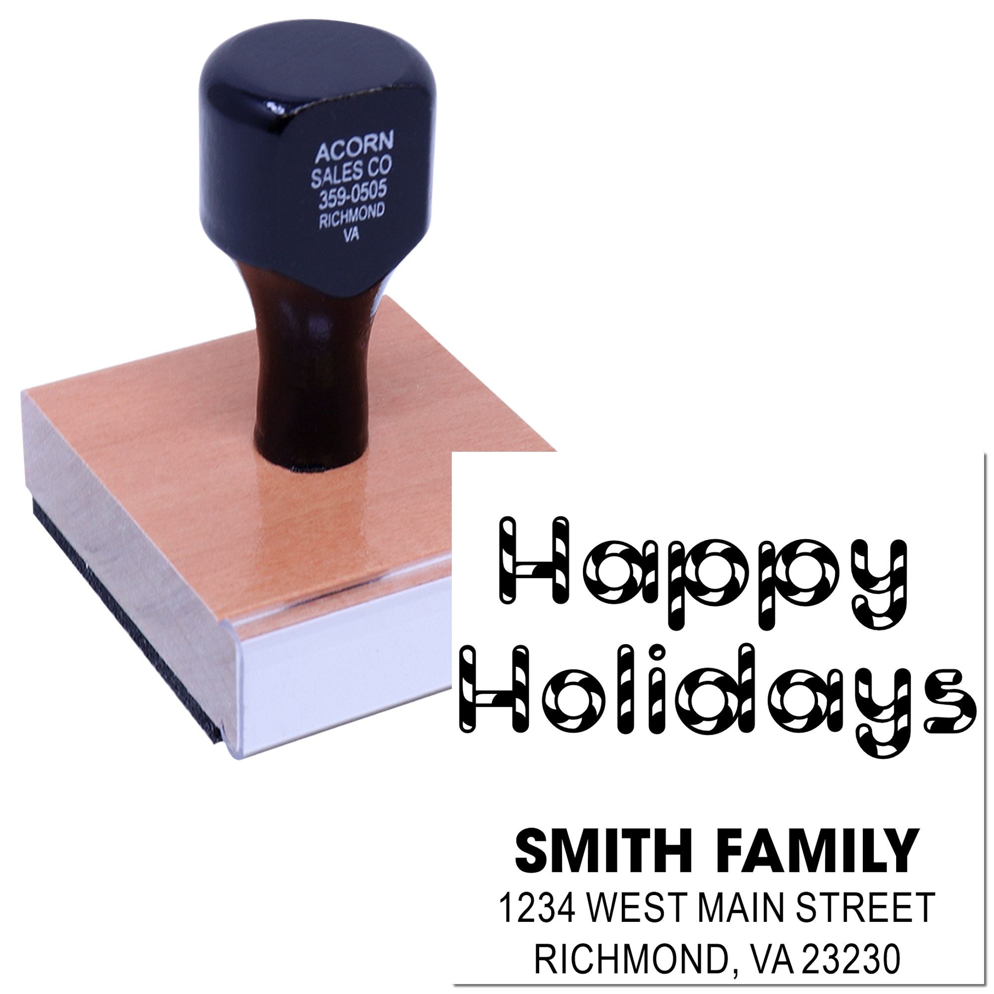Custom Happy Holidays rubber stamp with Smith Family name and address for holiday cards and festive mail.
