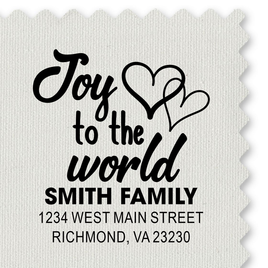 Custom family return address rubber stamp with Joy to the World hearts, Smith Family name, and Richmond, VA address.