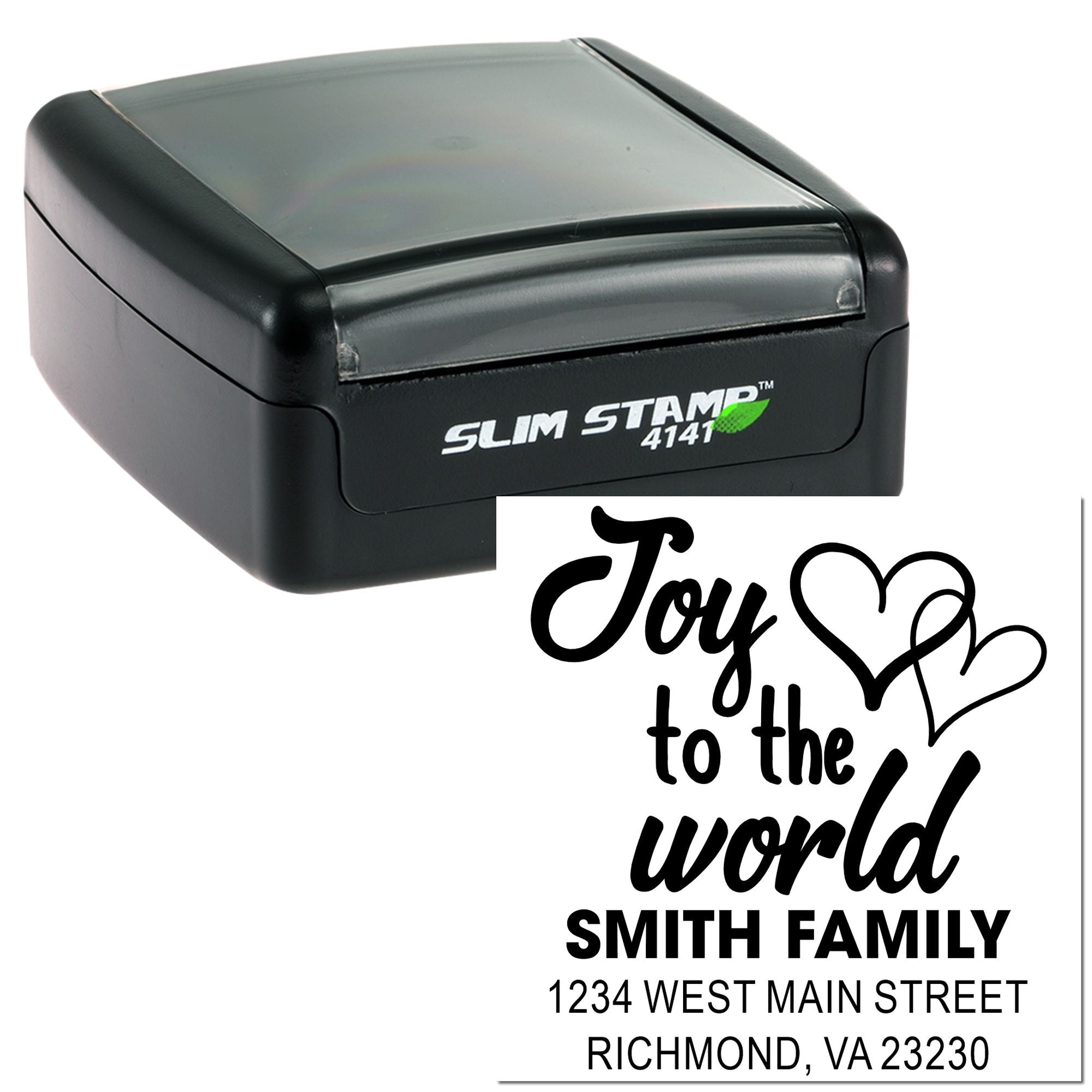 Personalized holiday rubber stamp with "Joy to the world" design and Smith family return address imprint.